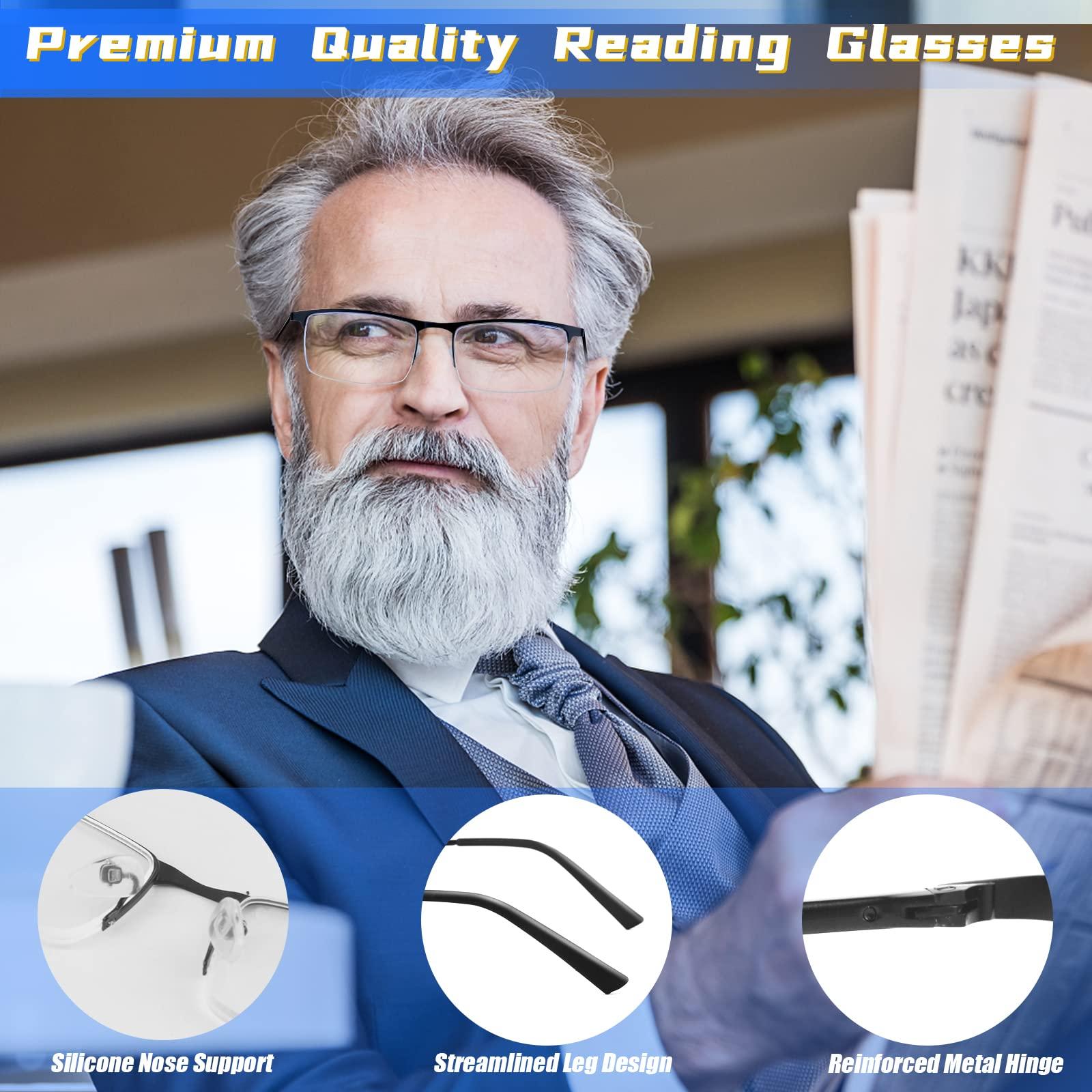 WEIMELTOY WEIMELTOY 3 Pack Blue Light Blocking Reading Glasses for Men, Stylish Half Frame Metal Computer Readers, Lightweight Spring Hinge Eyeglasses Anti Eyestrain/Glare/UV (2PCS Black+1PCS Gray,+1.75)