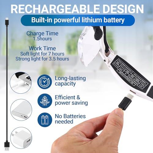 YOCTOSUN YOCTOSUN Head Magnifier Glasses with 3 LED Lights and Detachable Lenses 0.75X, 1.25X,2.0X, 3.0X and 4.0X, USB Charging Eyeglasses Magnifier, Magnifying Glasses with Light for Close Work Hobby Crafts