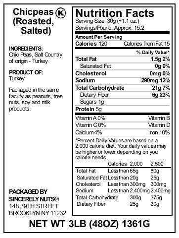 Sincerely Nuts Sincerely Nuts Roasted and Salted Chickpeas (3 LBS) Plant-Based Protein-Garbanzo Beans-Great Snack or Side Dish Alternative-Vegan, Kosher & Gluten-Free-Unrivaled Freshness-Irresistibly Tasty