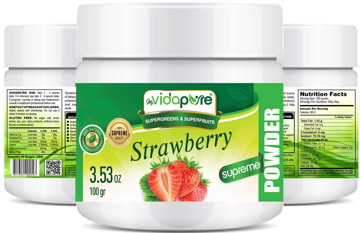 MYVIDAPURE MYVIDAPURE STRAWBERRY POWDER Freeze-Dried 100% Pure RAW Gluten Free, Non-GMO Superfood Powder for Smoothie, Beverage Blend. 3.53 oz  100 gr