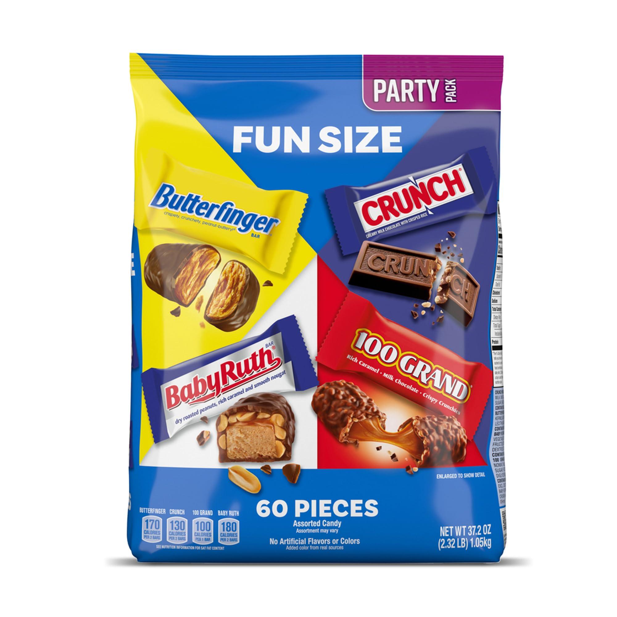Butterfinger Butterfinger, CRUNCH, Baby Ruth and 100 Grand, Bulk 60 Pack, Assorted Fun Size Chocolate Candy Bars, Stocking Stuffers, 37.2 oz