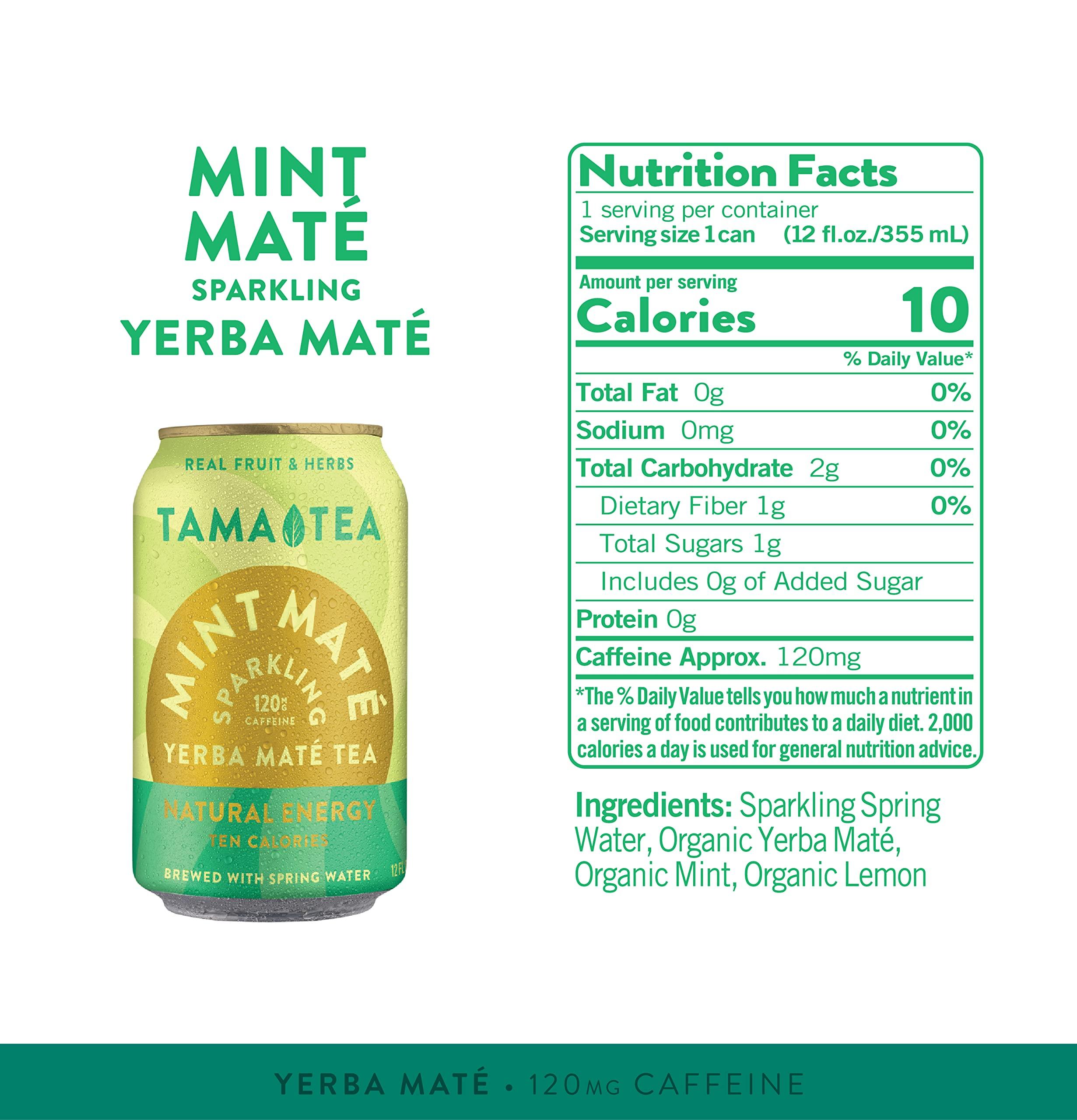 Tama Tea Sparkling Mint Yerba Mate by Tama Tea - Unsweetened Natural Energy Drink with Real Fruit & Herbs - Healthy Caffeine Drink Alternative - 120mg of Brain-Boosting Caffeine, 10 Calories - 12oz Pack of 12