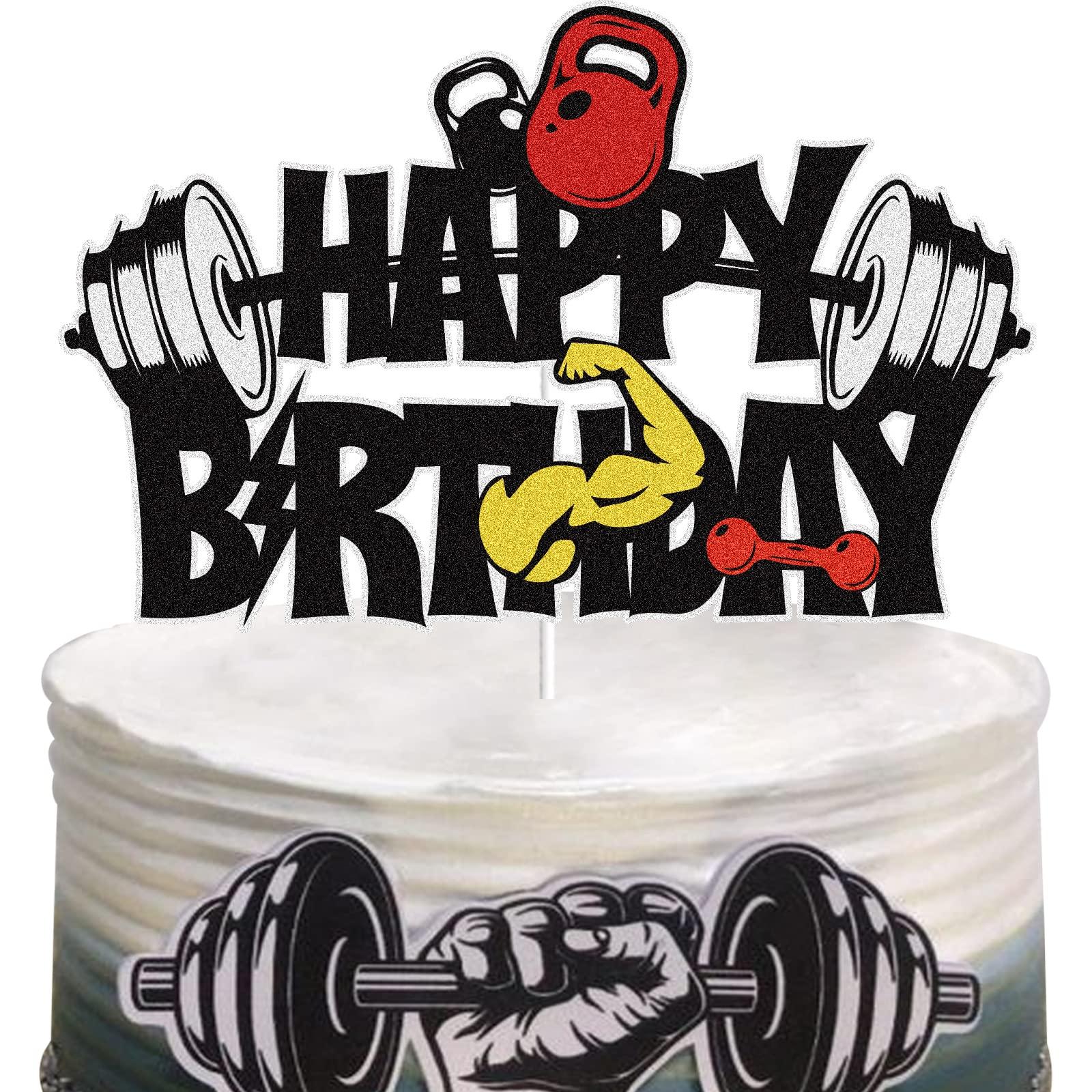 LINGBOOM Gym Fitness Happy Birthday Cake Topper Black Weightlifting Birthday Cake Decoration Cross Fit Fitness Theme Party Birthday Supplies for Man Woman