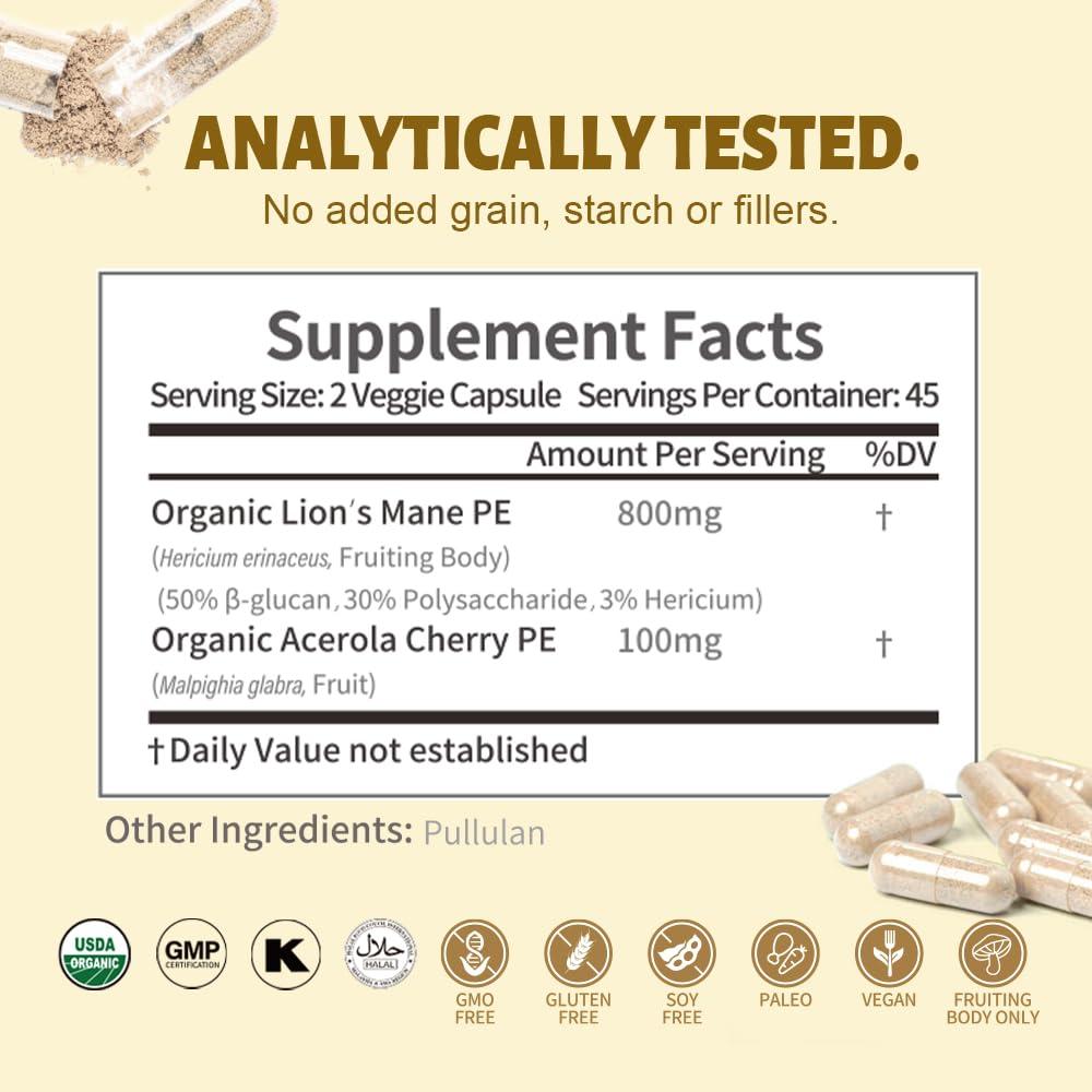 WL Herbal Treasure Herbal Treasure Lions Mane Supplement Capsules, Made with Organic Lions Mane Powder for Mental Clarity and Focus Supplements, 800mg Lions Mane Powder Organic Organic Mushroom Supplement 90 Caps