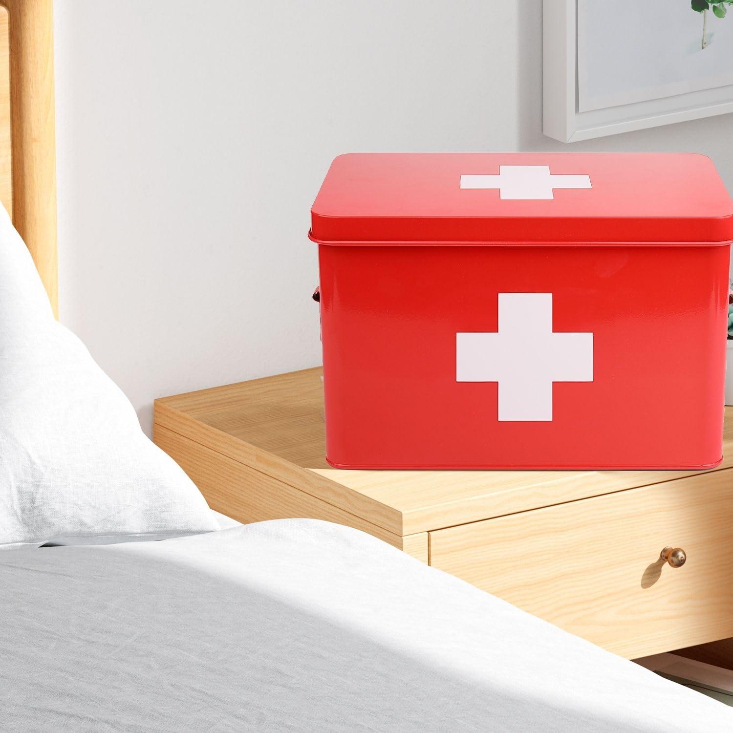 Flexzion Flexzion First Aid Box Organizer Empty 13\" Red Vintage First Aid Kit Tin Metal Medical Box - First Aid Storage Box Container Bins with Dividers, Removable Tray and White Cross Logo