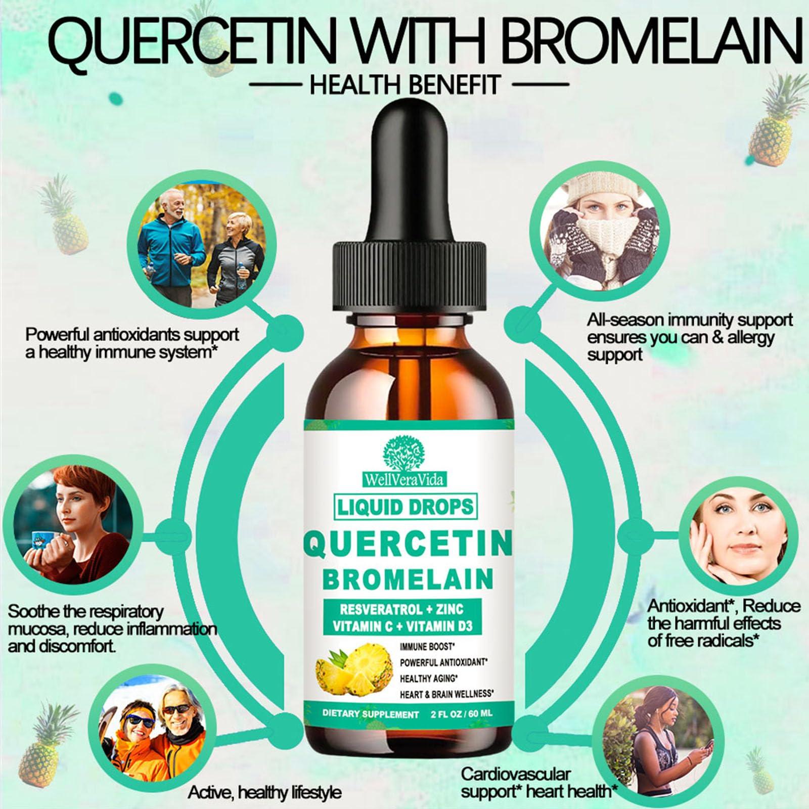 WellVeraVida Quercetin with Bromelain Liquid Drops, 4X Stronger Than Capsules & Pills, 7-in-1 Organic Zinc Quercetin 1000mg with Bromelain 500mg Vitamin C D3 Immune Complex for Respiratory Health & Antioxidant