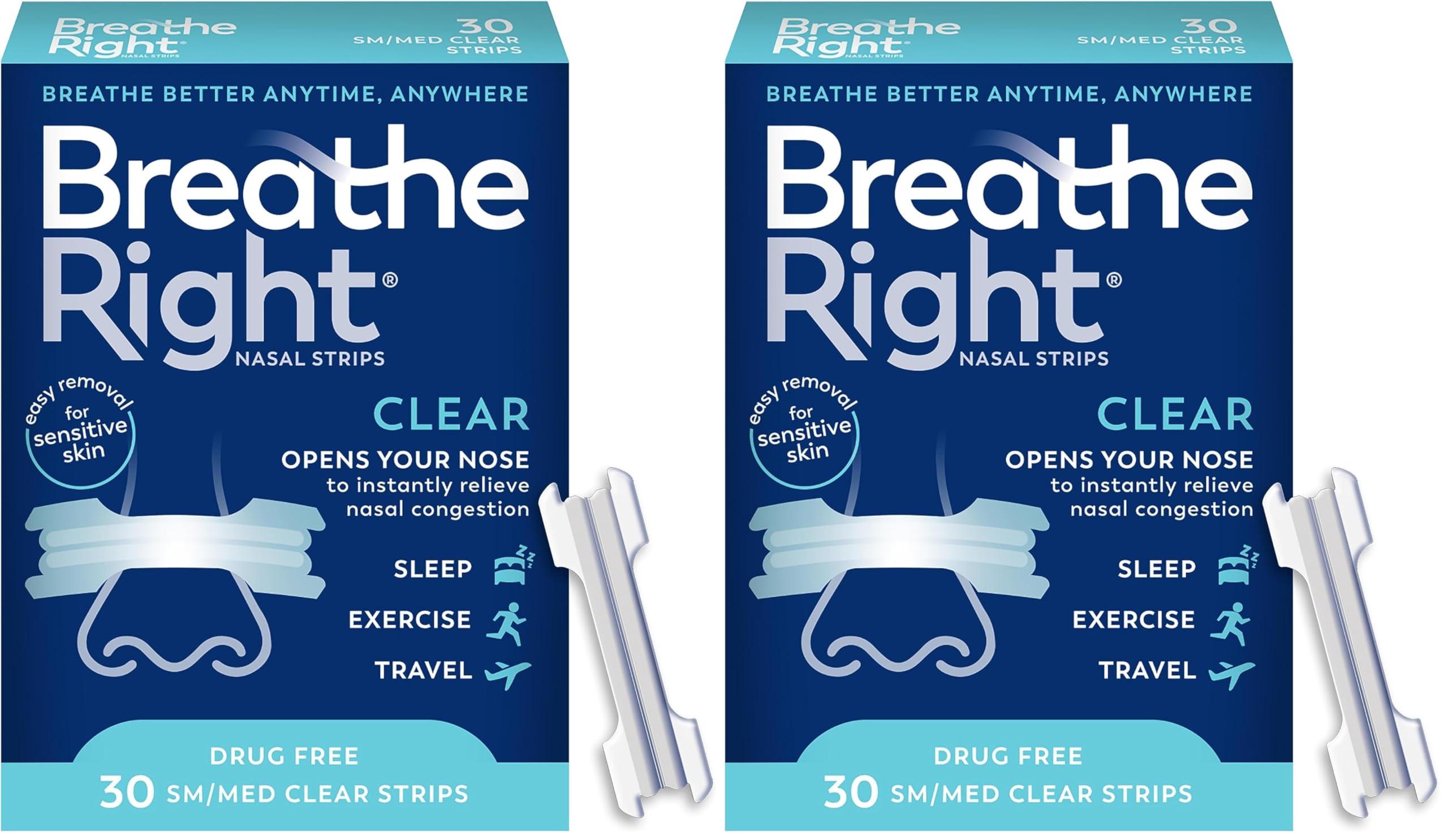 Breathe Right Breathe Right Original Nasal Strips | Clear | Sm/Med | for Sensitive Skin| Drug-Free Snoring Solution & Nasal Congestion Relief Caused by Colds & Allergies | 30 ct (Packaging May Vary) (Pack of 2)
