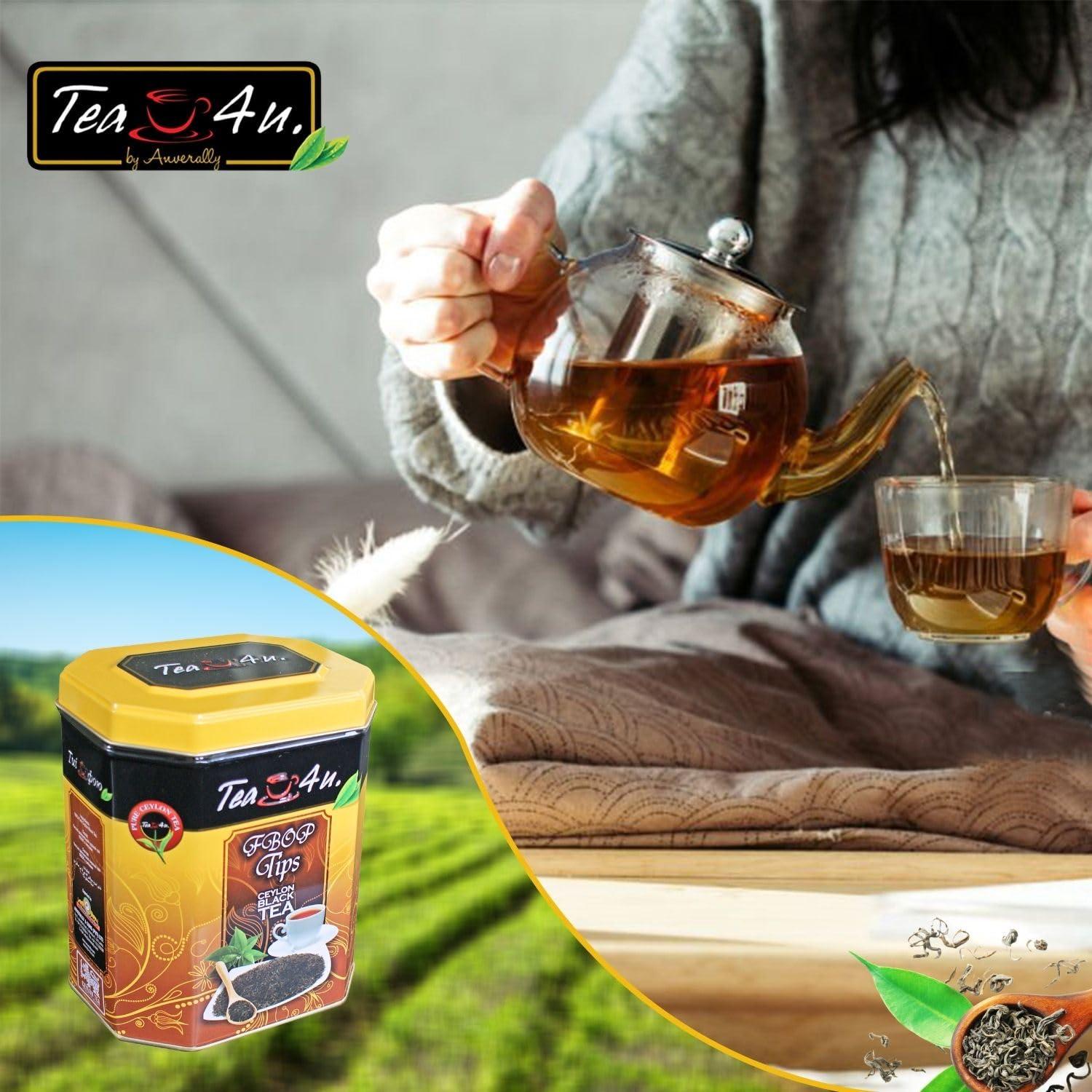 TEA 4U. BY ANVERALLY Tea4U FBOP Tips Loose Black Ceylon Tea, Fresh Handpicked Leaves with Metal Canister