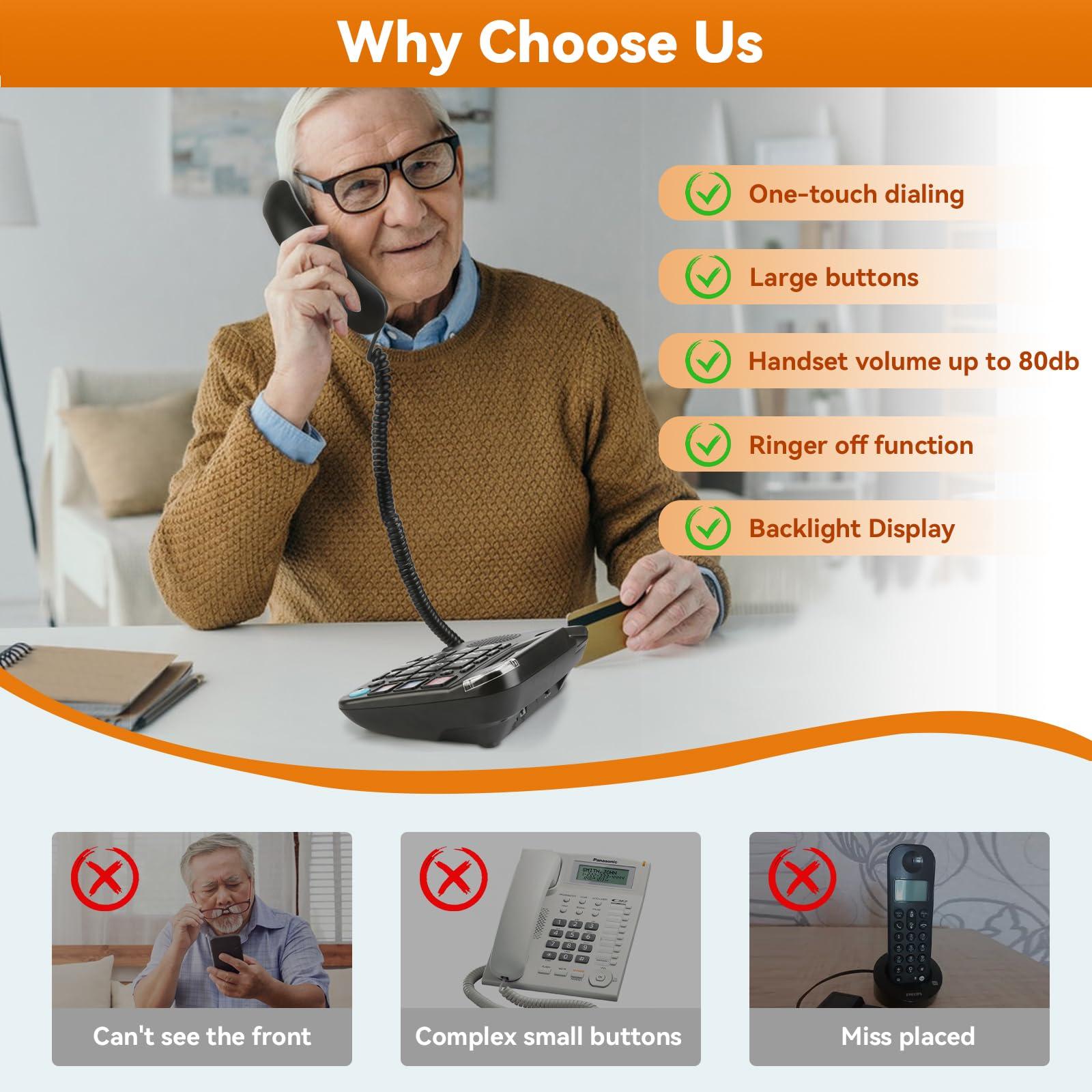 Sangyn Sangyn Senior Telephone Landline Phones with Big Button and Hearing Aid Function for Elderly Corded Phone with Backlight Display Mute Pause Redial for Alzheimer\'s Disease & Enlarged,Black