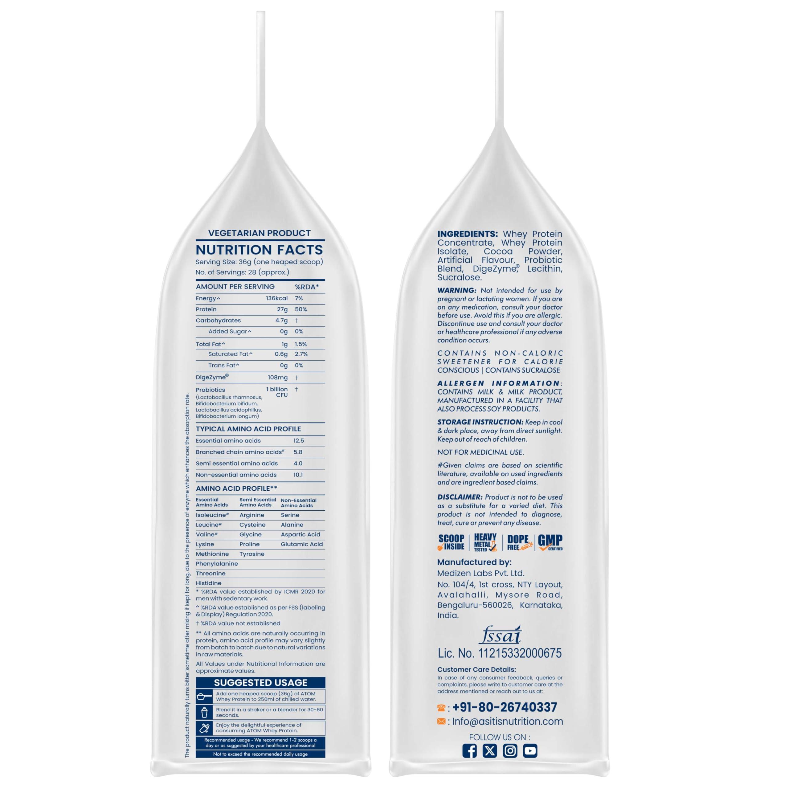 Asitis Nutrition Asitis Nutrition AS-IT-is Atom Whey Protein 1kg/35.2 Oz with Digestive Enzymes | USA Labdoor Certified for Accuracy & Purity | Double Rich Chocolate Flavor | 27g Protein | 5.7g Bcaa