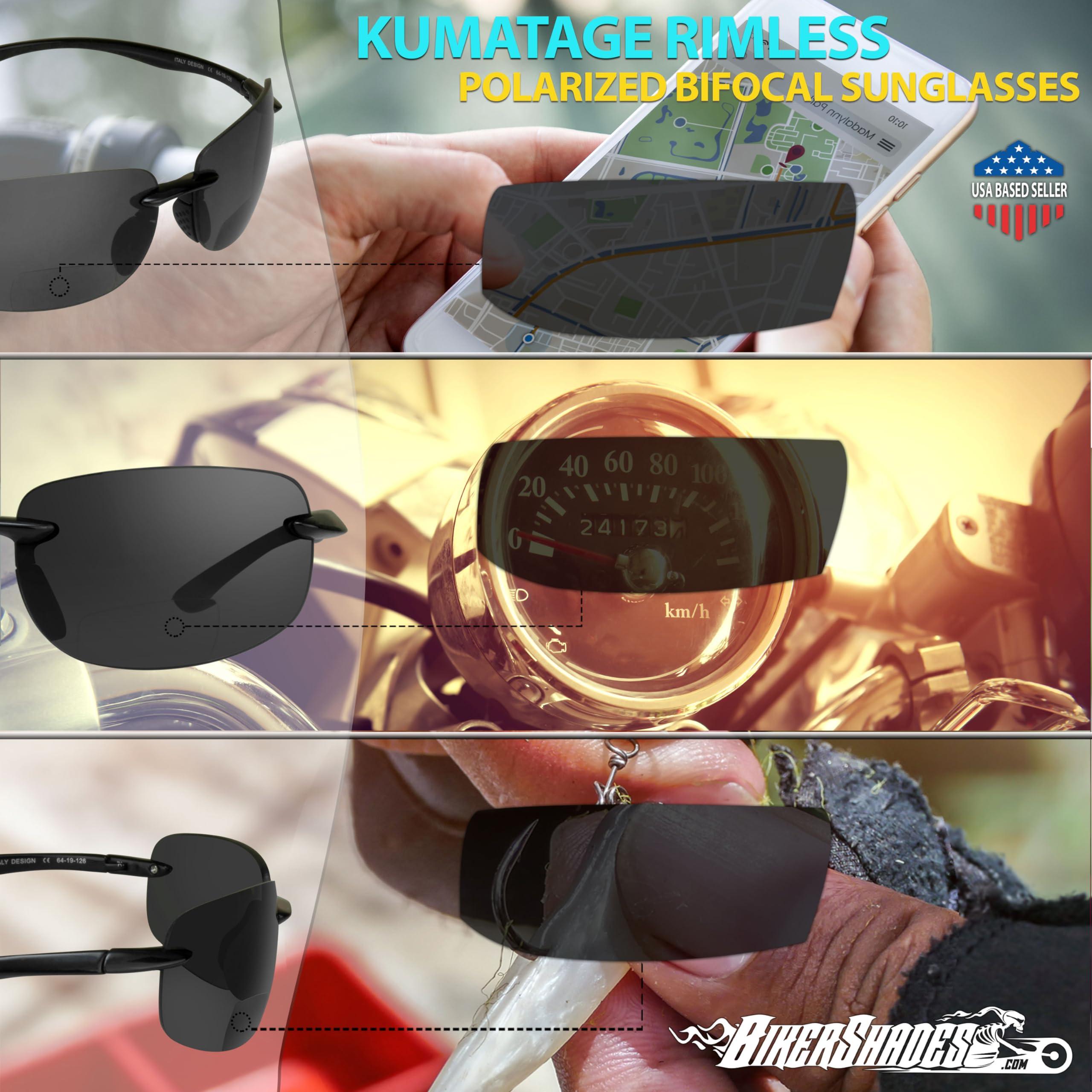 Bikershades Biker Armour Polarized Bifocal Reading +2.00 Sunglasses Rimless Wrap Around Sport TR90 Black Frame Grey Lens