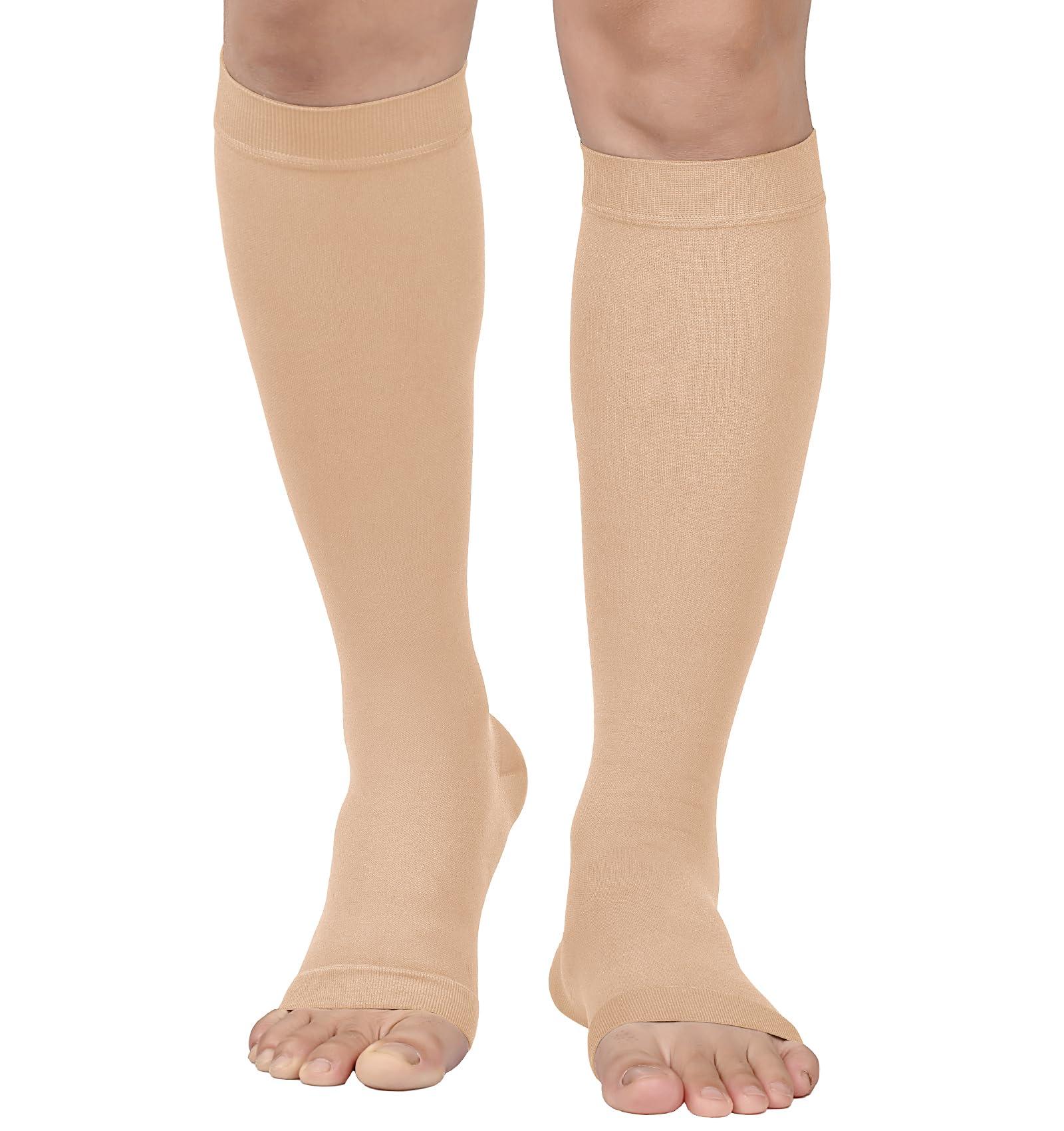 MGANG MGANG 20-30 mmHg Compression Stocking for Men and Women, Medical Compression Socks, Knee High Length, Open Toe, for DVT, Varicose Veins, Relief Shin Splints, Edema, Beige XX-Large
