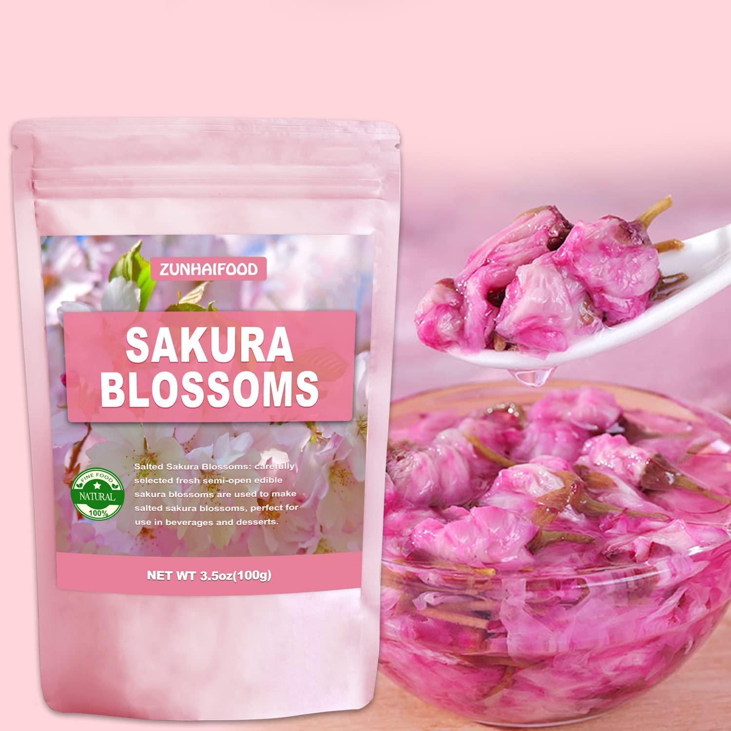 Zunhai Food Edible Salted Sakura Blossoms, Premium Pickled Sakura Cherry Blossoms, 3.5oz(100g)