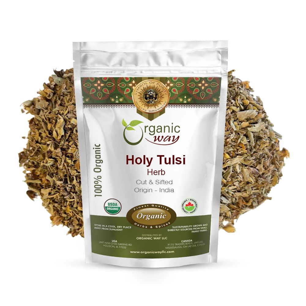 Organic Way Organic Way Holy Tulsi / Holy Basil Herb Cut & Sifted (Ocimum tenuiflorum) - Organic & Kosher Certified | Raw, Vegan, Non GMO & Gluten Free | USDA Certified | Origin - India (1 LBS / 16 Oz)