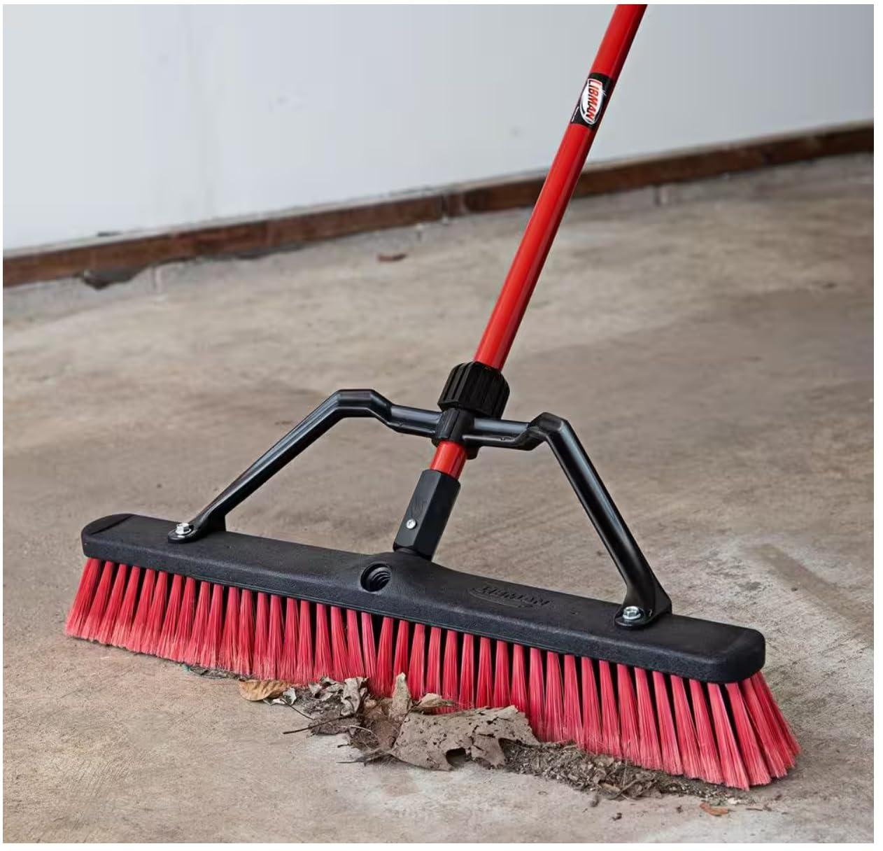 GDUFAMIU Heavy-Duty 24\'\'W Push Broom for Multi-Surface with 60\'\'L Steel Handle, Black and Red