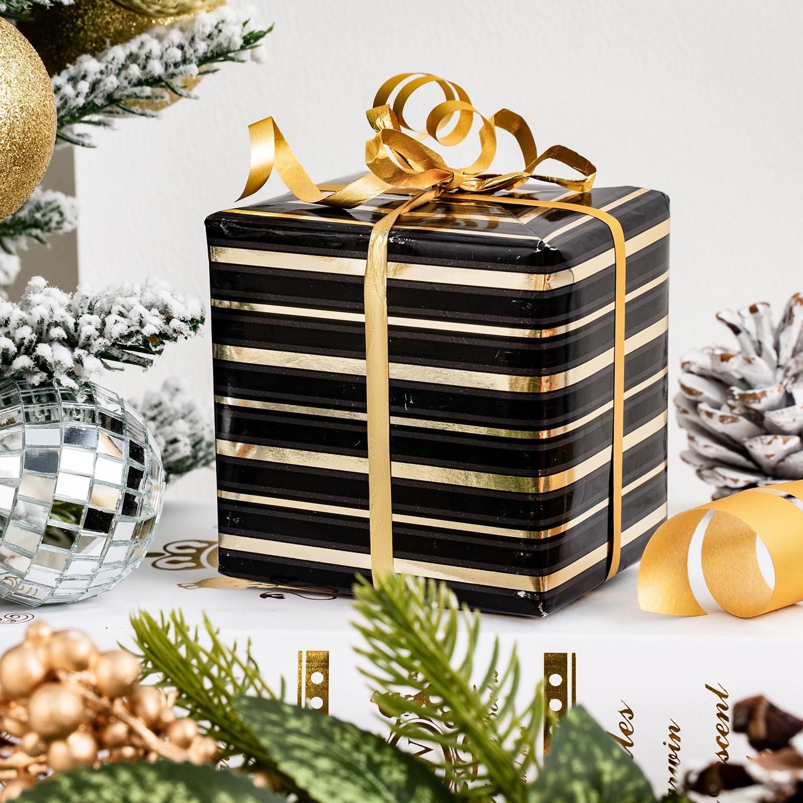 LeZakaa LeZakaa Black Gold Wrapping Paper - Mini Roll - Peacock Feathers/Stripe/Dot Design for Birthday, Wedding, Bridal Shower - 17 x 120 inches - 3 Rolls (42.5 sq.ft.ttl.)