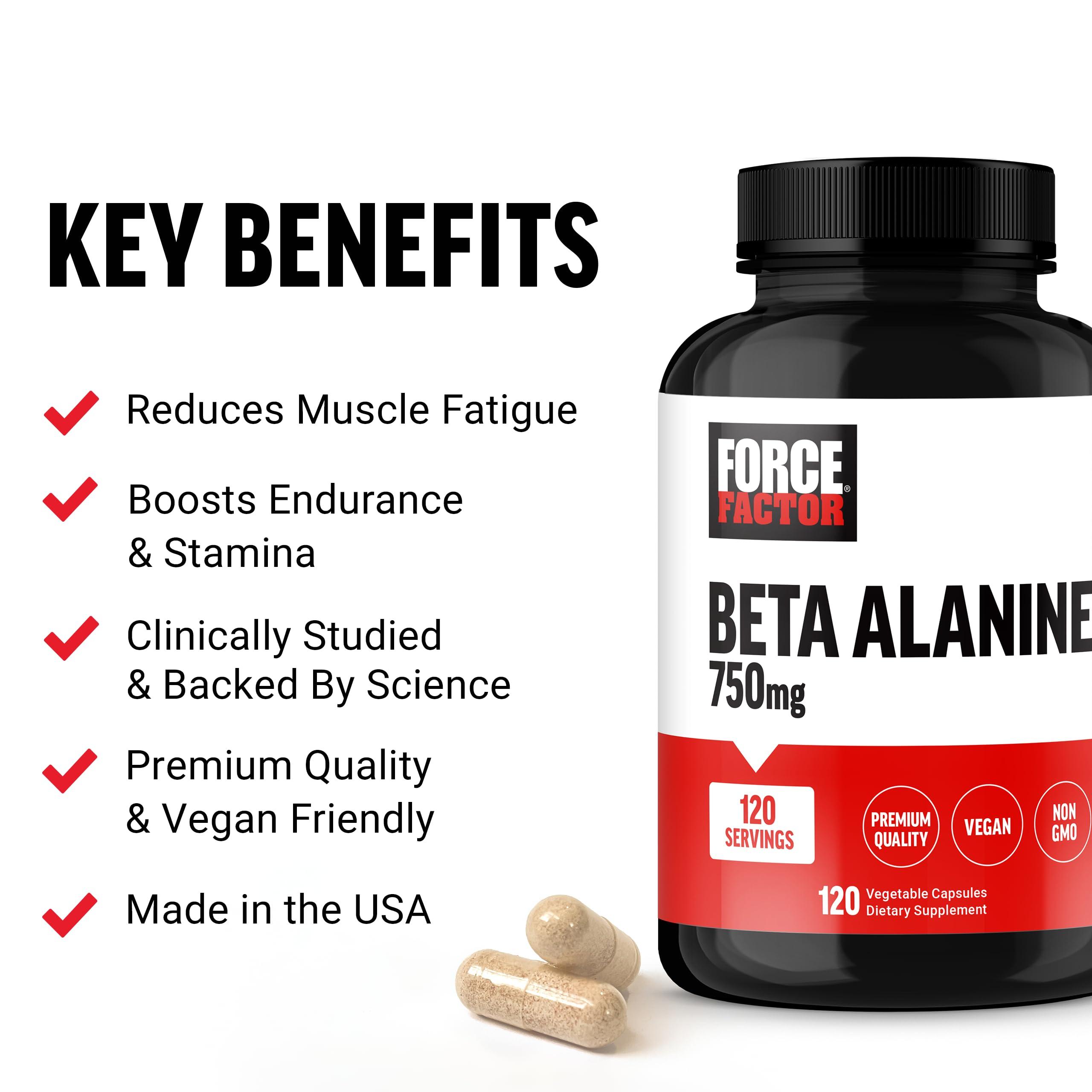 Force Factor FORCE FACTOR Beta Alanine Capsules, Beta-Alanine Endurance Supplement to Boost Performance & Reduce Fatigue, Clinical Dose, Premium Quality, Vegan, Non-GMO, 120 Capsules