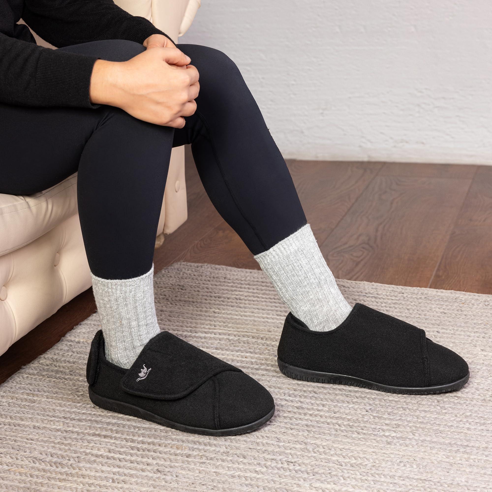 EUROPEAN SOFTEST Womens Memory Foam Diabetic Slippers, Extra Wide Adjustable House Shoes, Plush Fleece for Arthritis, Edema, Swollen Feet, Anti-Slip Rubber Soles, Machine Washable, Indoor Outdoor Use (9, Black/White)