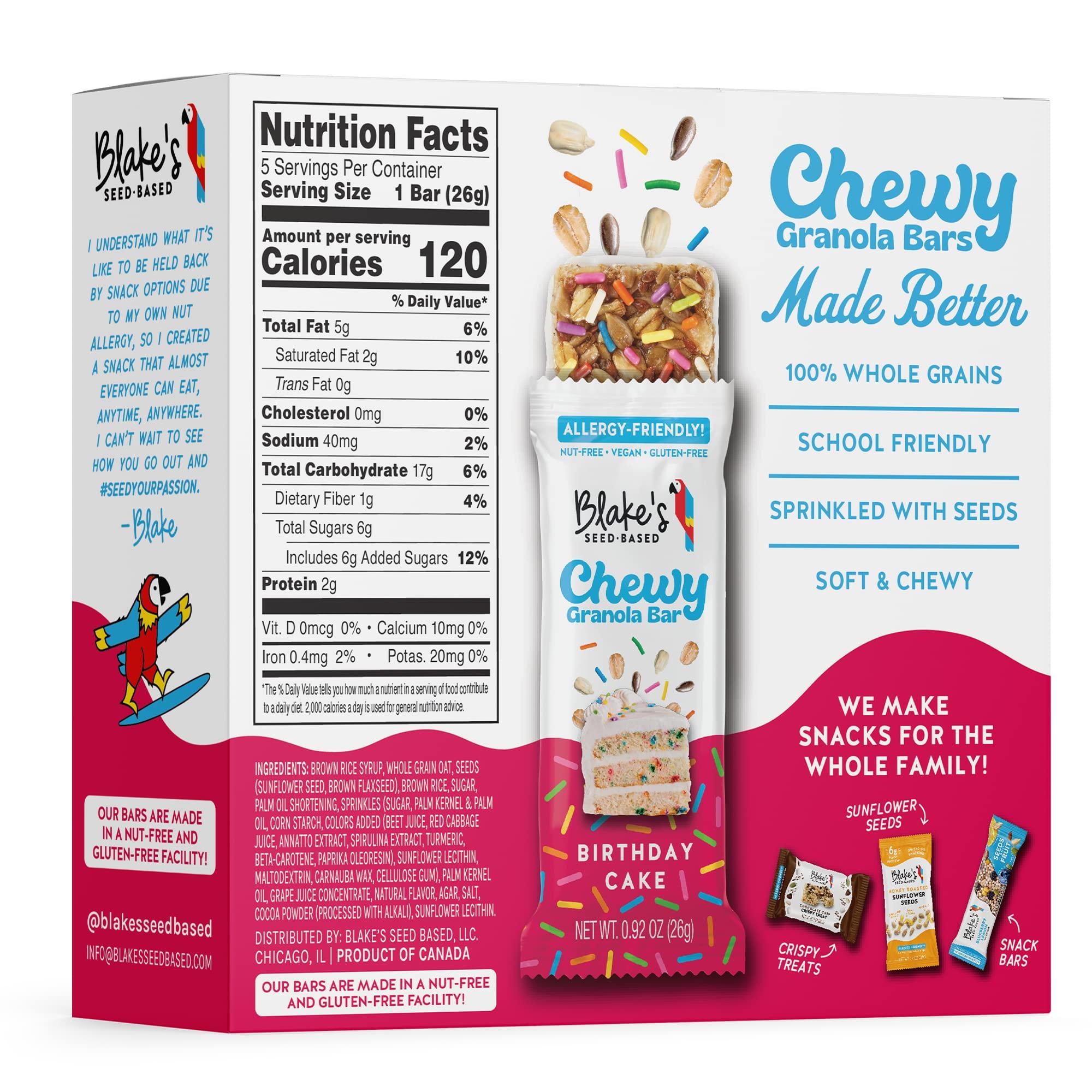 Blake's Seed Based Blake’s Seed Based Chewy Granola Bars — Birthday Cake (5 Count), Vegan, Gluten Free, Nut Free & Dairy Free, Healthy Snacks for Kids or Adults, School Safe, Low Calorie Soy Free Snack