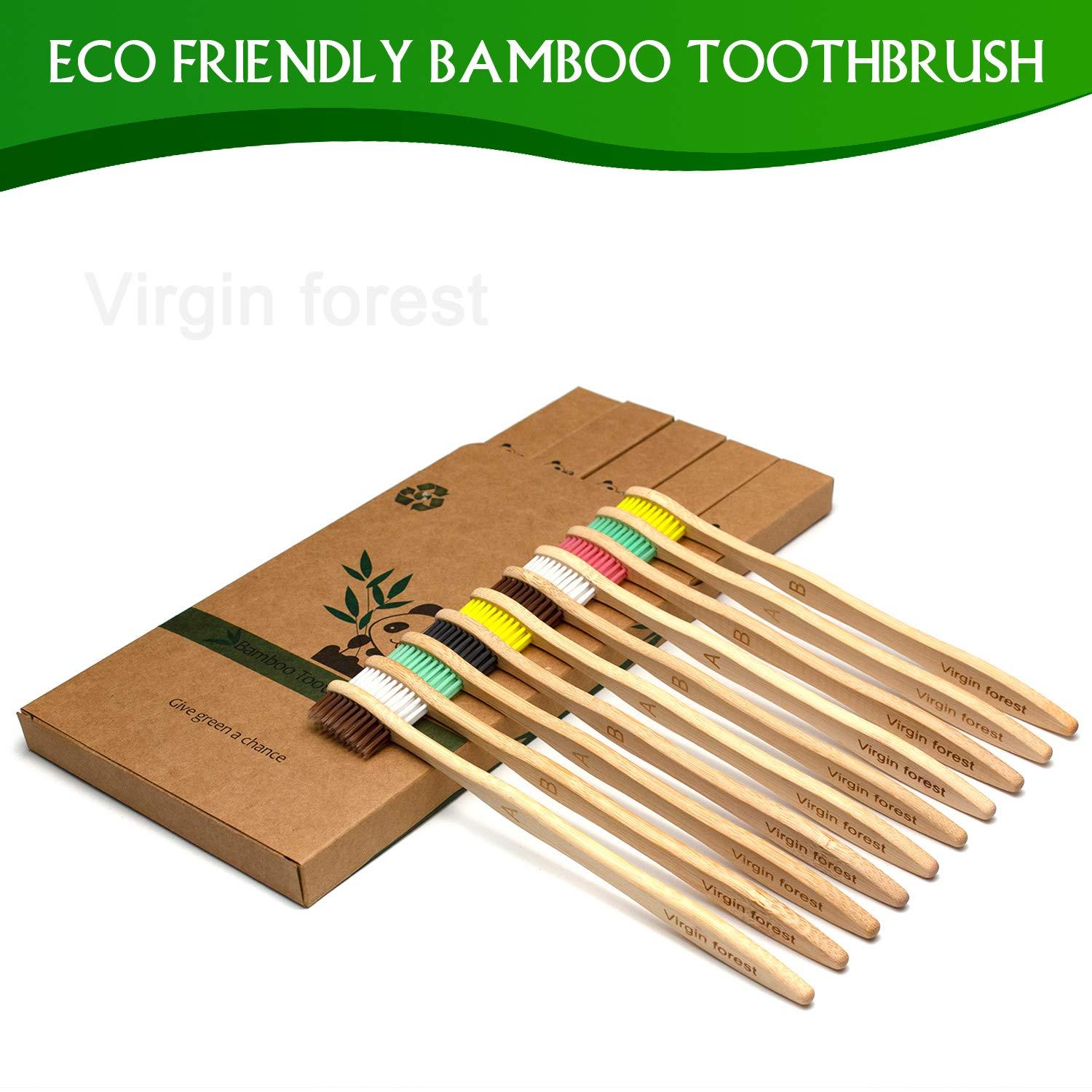 Virgin Forest Virgin Forest 10 Count Bamboo Toothbrush,Soft Bristle for Adults, Eco Friendly Natural Wooden Toothbrushes, Vegan Organic Bamboo Travel Tooth Brush (10 Colors)