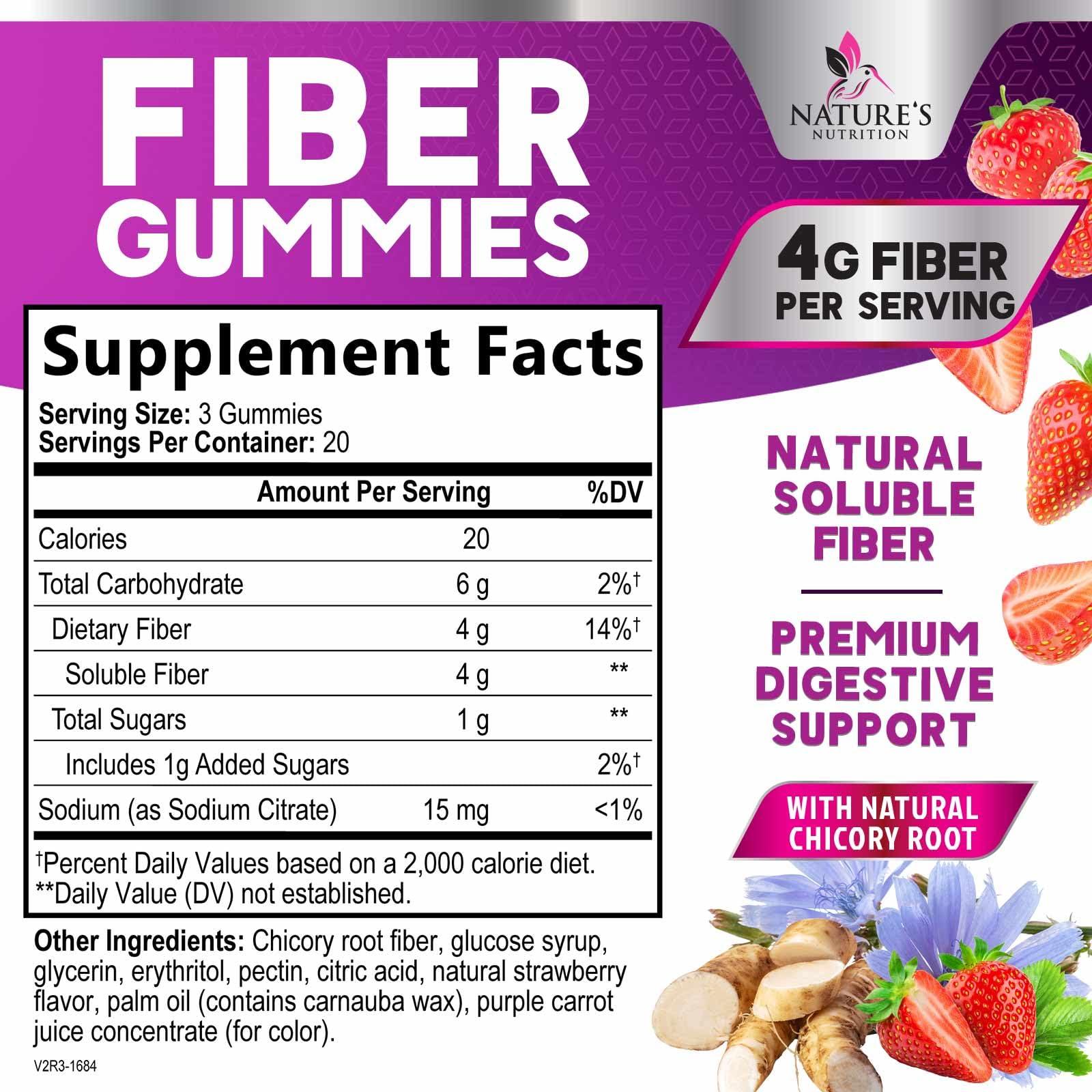 Nature\'s Nutrition Fiber Supplement Gummies for Digestive Health & Regularity Support, Fiber 4g Gummy for Adults, Daily Prebiotic Supplements, Natural Prebiotic Fiber Gummy, Plant Based, Strawberry Flavored - 60 Gummies