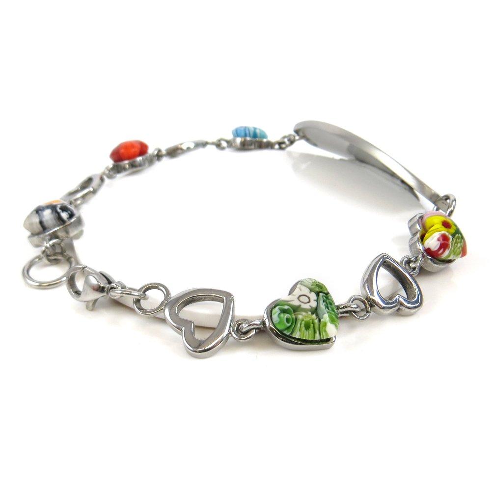 My Identity Doctor My Identity Doctor - Customized Medical Alert Bracelet for Women with Engraving - 1.2cm Steel, Glass Hearts - Red - Wrist Size 6.75 Inch