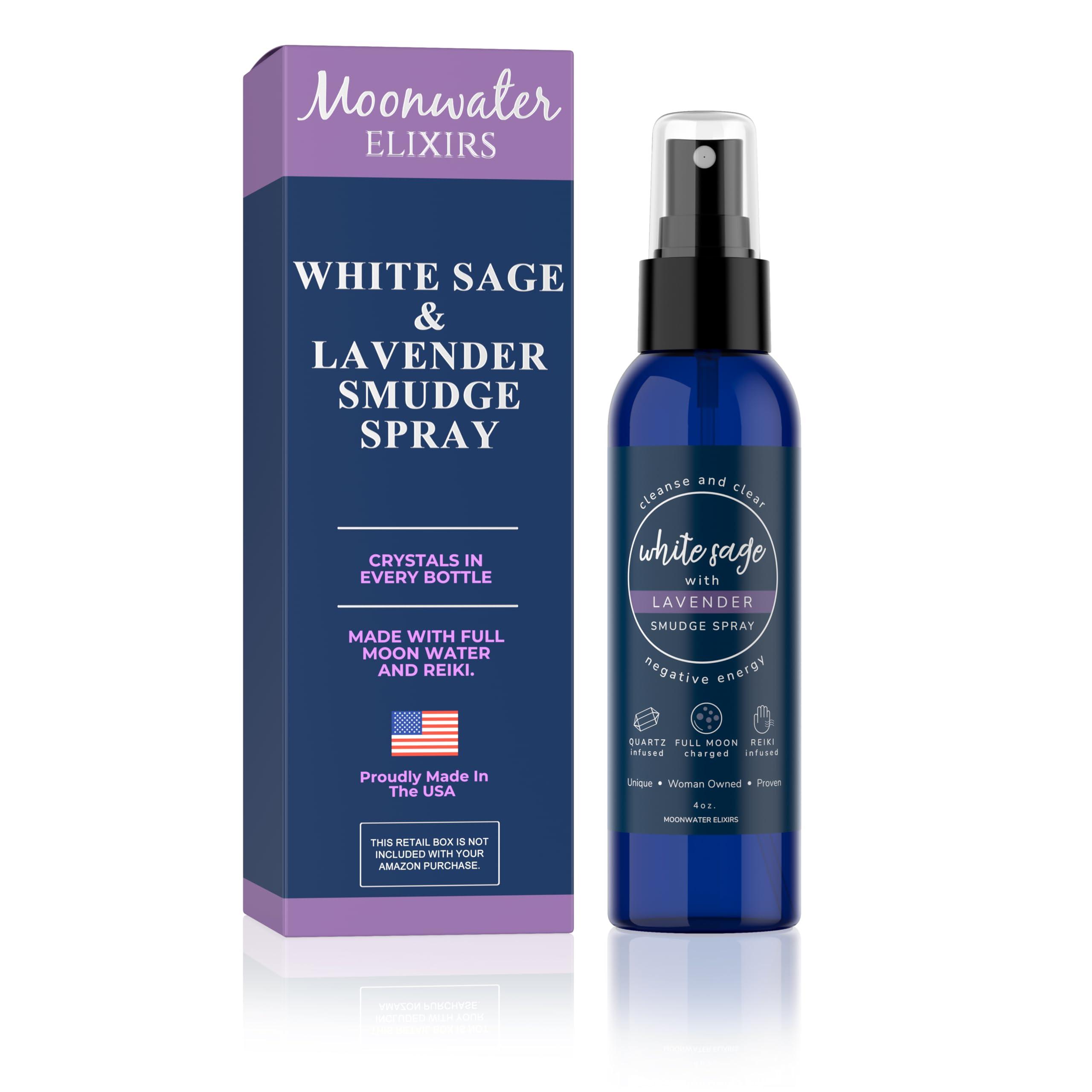Moonwater Elixirs White Sage Smudge Spray for Spiritual Cleansing & Aura Protection, Sage & Lavender Smudging Spray - Cleansing Negative Energy & Protection, Clear Quartz Reiki Energized Aromatherapy Room Spray 4oz