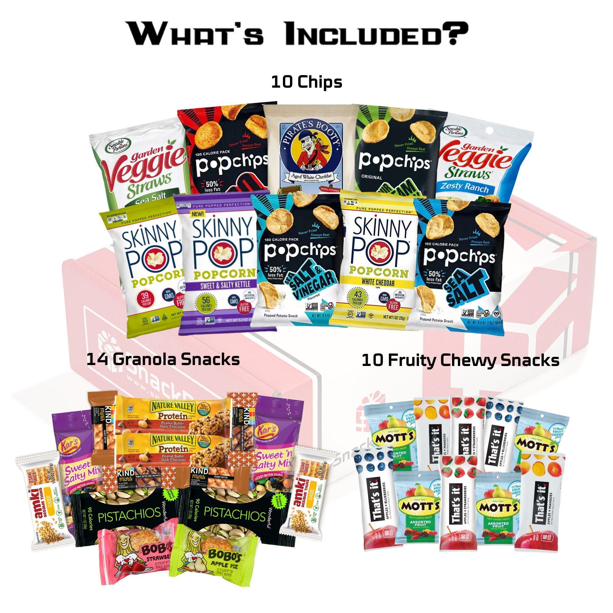 SB SnackBOX Snack BOX Gluten Free Healthy Care Package (34 Count) Valentines Day Holiday, Teachers, Back to School, College, Students, Exams, Gift Baskets, Birthday, Office, Over 3 LBS of Variety Pack Chips, Popcorn, Bars.