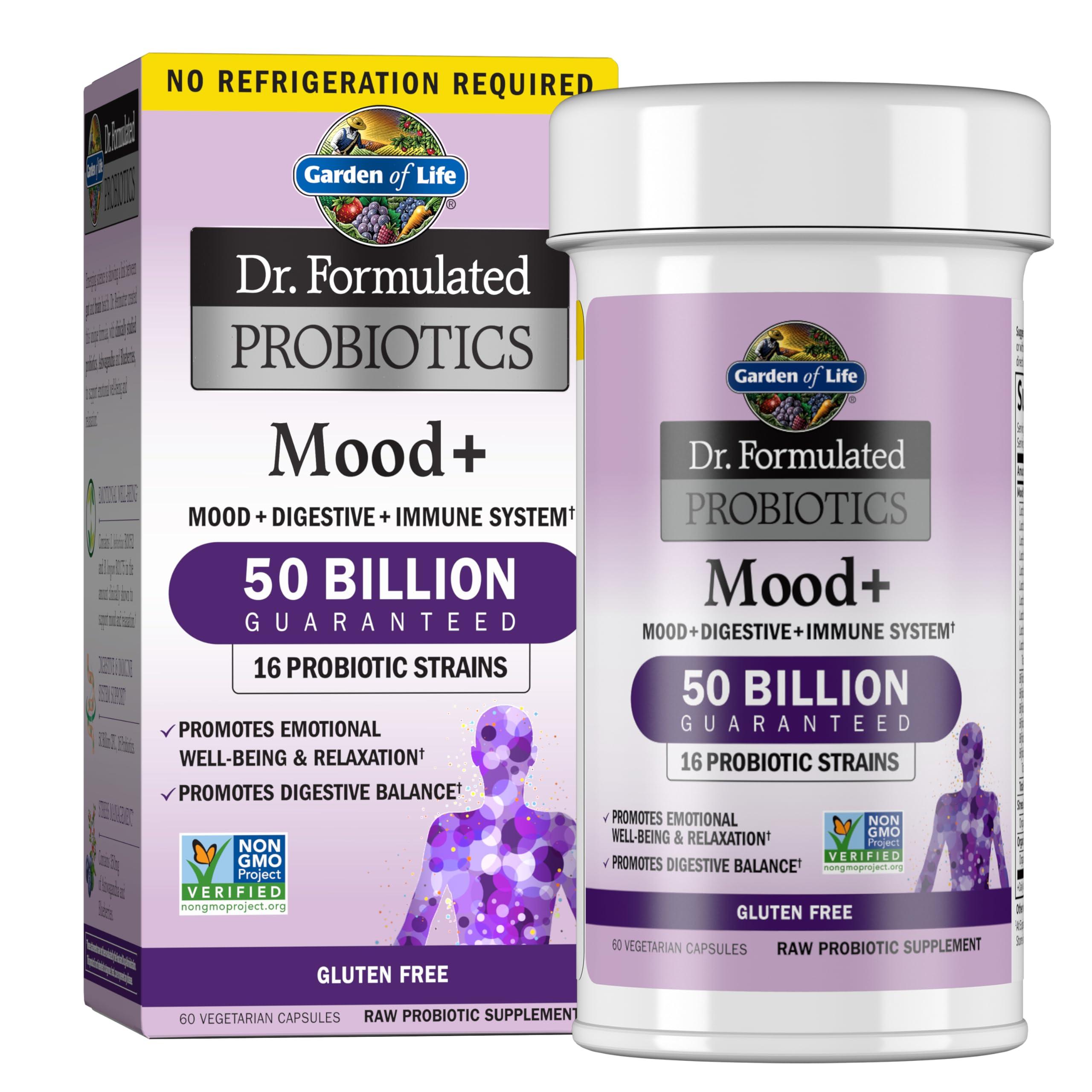 Garden of Life Garden of Life Probiotics Mood+ Dr Formulated Acidophilus Probiotic Supplement - Promotes Emotional Well-Being, Relaxation and Digestive Balance - Ashwagandha for Stress Management, 60 Veggie Caps