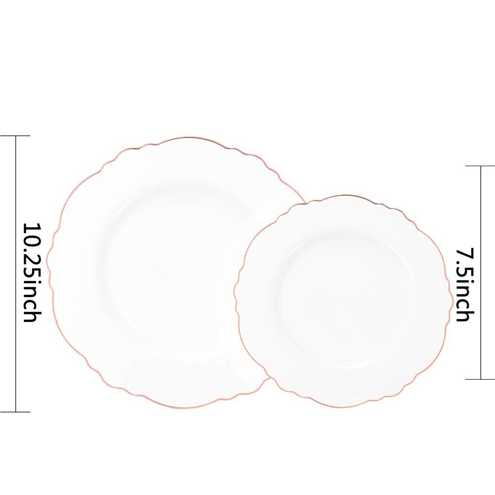 WDF WDF 60pcs Rose Gold Plastic Plates-Baroque White &Rose Gold Disposable Plates Rose Gold Plastic Silverware- Disposable Flatware Set
