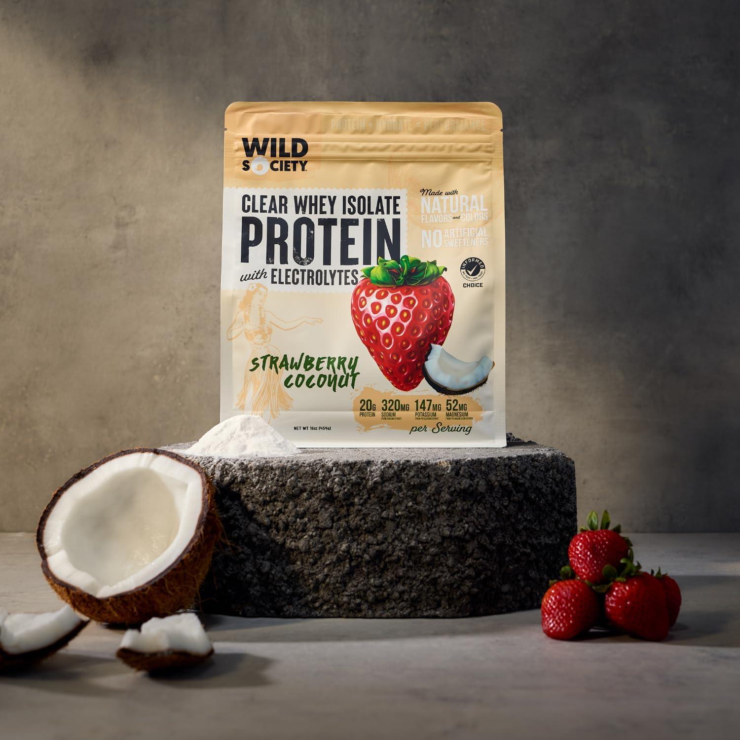 WILD SOCIETY WILD SOCIETY - Premium Clear Whey Protein + Electrolytes - Refreshing Whey Protein Isolate Powder - 20g Protein, 0 Added Sugar, GMO-Free, Natural Flavors & Colors - Strawberry Coconut, 16 oz
