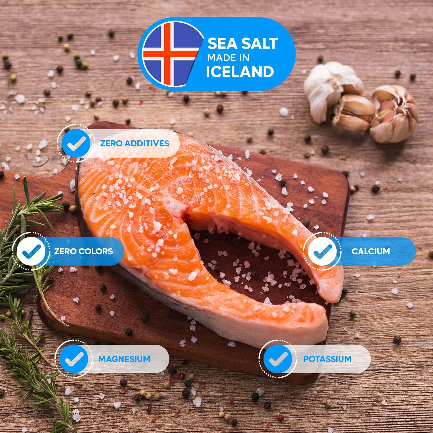 Nordic Catch Icelandic Sea Salt, Less Processed Flaky Salt Container, Mineral Rich Flake Sea Salts with Health Benefits, Sustainably Sourced Flaky Sea Salt for Baking (Pure Flaky, 40g Adjustable Grinder)