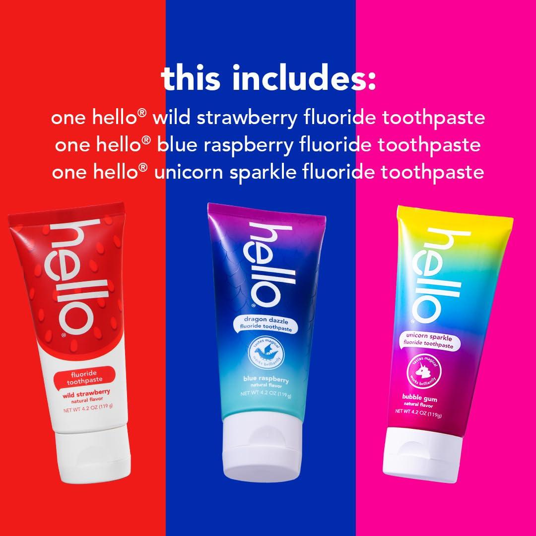 hello hello Variety (Unicorn, Strawberry, Dragon) Kids Toothpaste Bundle with hello Vitamin C Whitening Adult Toothpaste, Fluoride, 4.2 and 4 Ounce