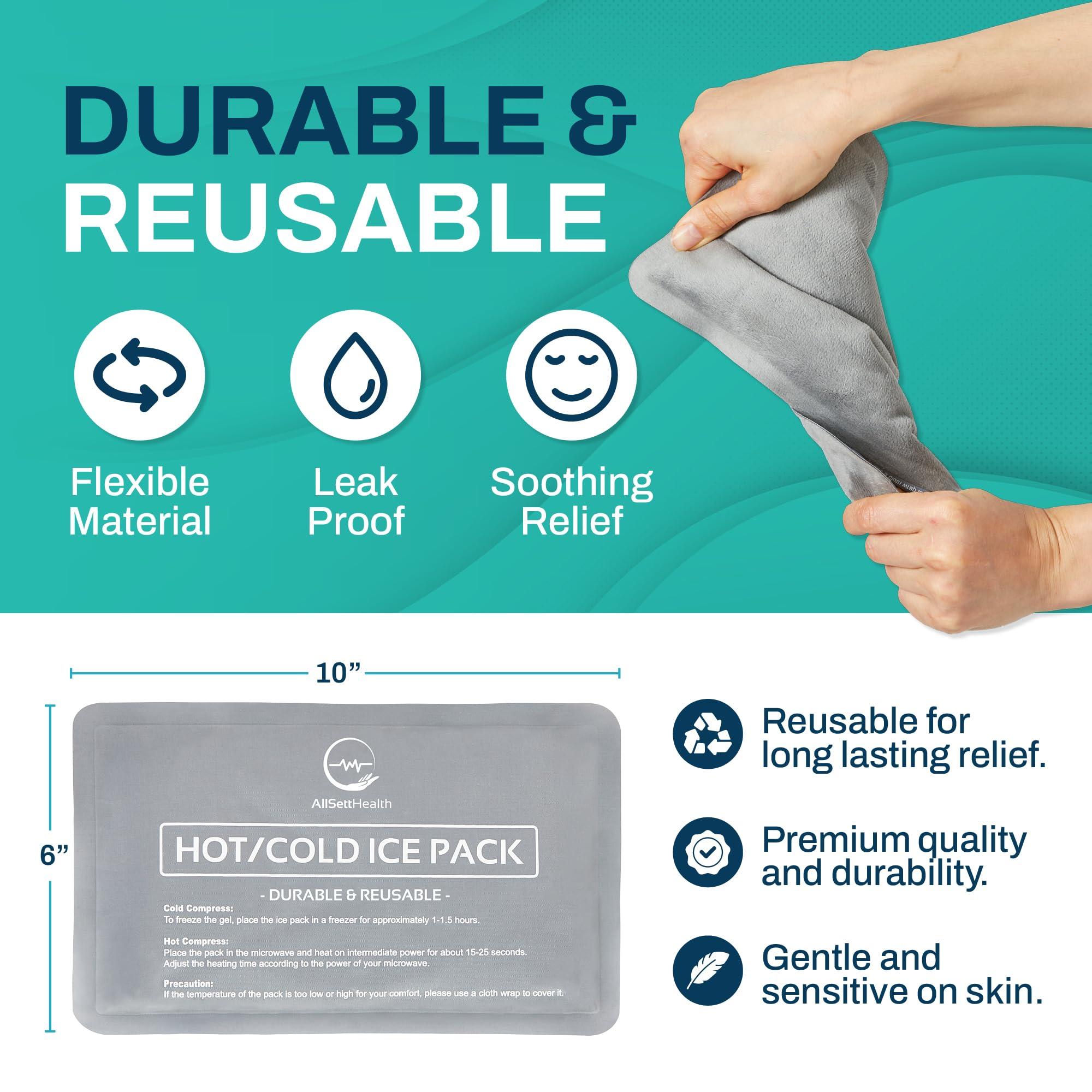 AllSett Health 2 Pack Reusable Ice Packs for Injuries - Soft Ice Pack with Velvet Soft Fleece Fabric | Flexible Hot and Cold Gel Ice Pack Set- Cold Packs for Injuries, Knee, Back, Neck Pain - 10 x 6, Grey