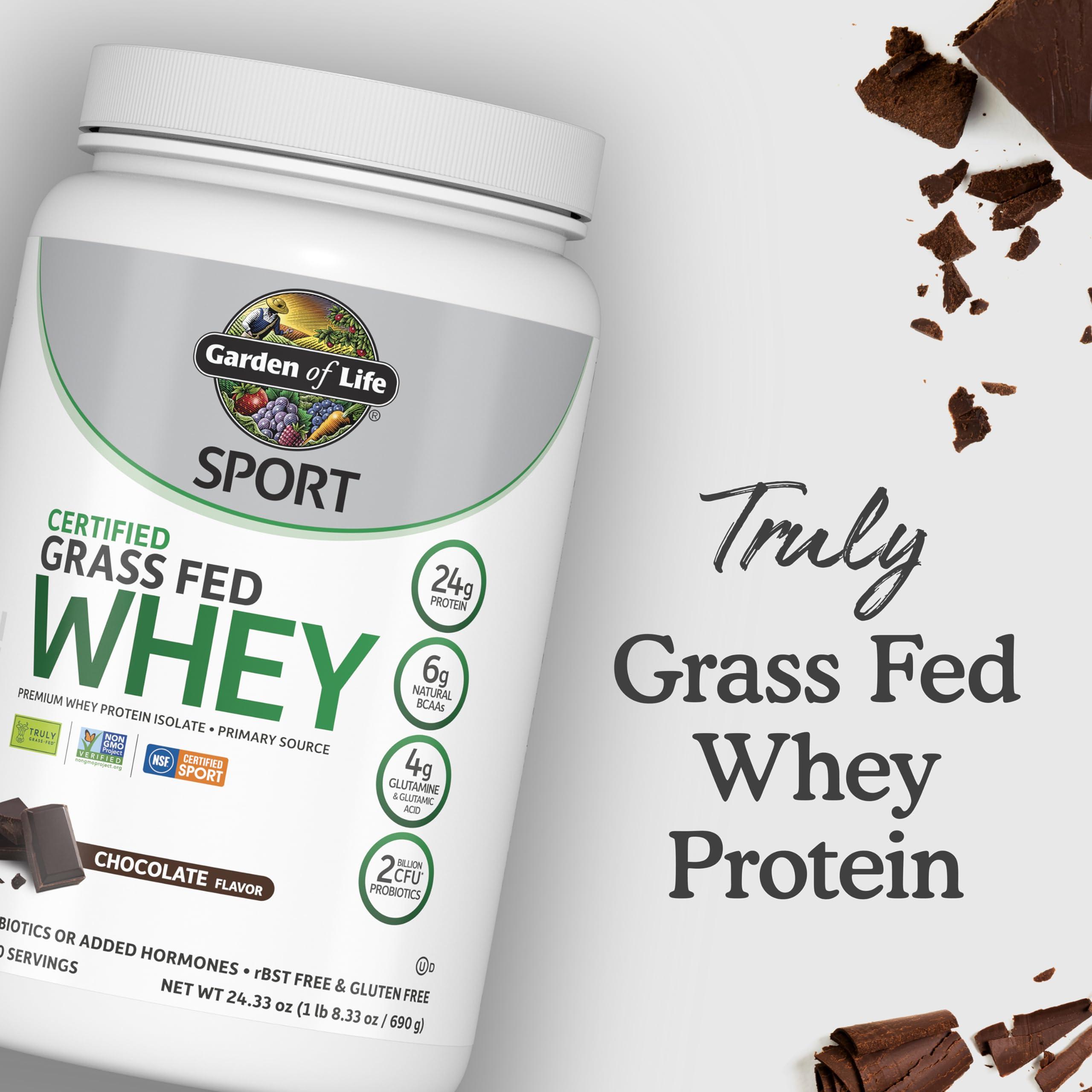 Garden of Life Garden of Life Sport Whey Protein Powder Chocolate, Premium Grass Fed Whey Protein Isolate Plus Probiotics for Immune System Health, 24g Protein, Non GMO, Gluten Free, Cold Processed - 20 Servings