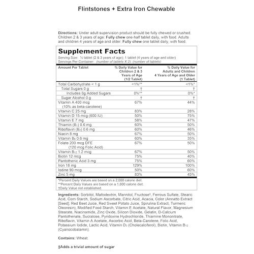 Flintstones Vitamins Flintstones Chewable Kids Multivitamin with Vitamin C, D, B12 & Iron for Toddlers, 90 Count (Pack of 2)