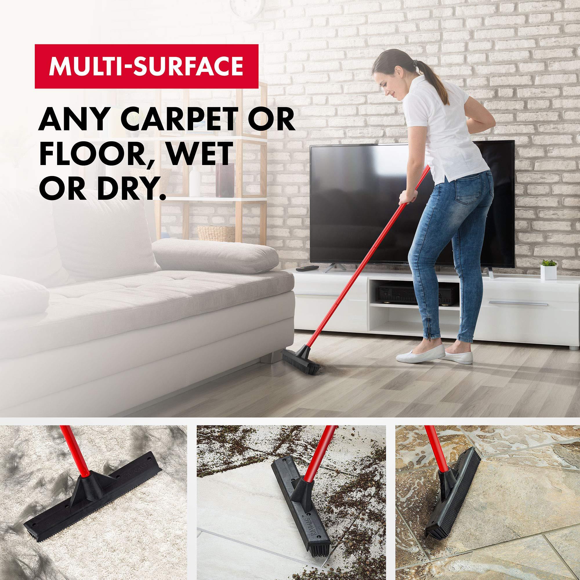 RAVMAG Pet Hair Remover Rubber Broom with Built in Squeegee - Carpet Rake for Pet Hair Removal on Hardwood Floor, Carpet & Tile - Picks Up More Dust & Debris - Rinse to Clean