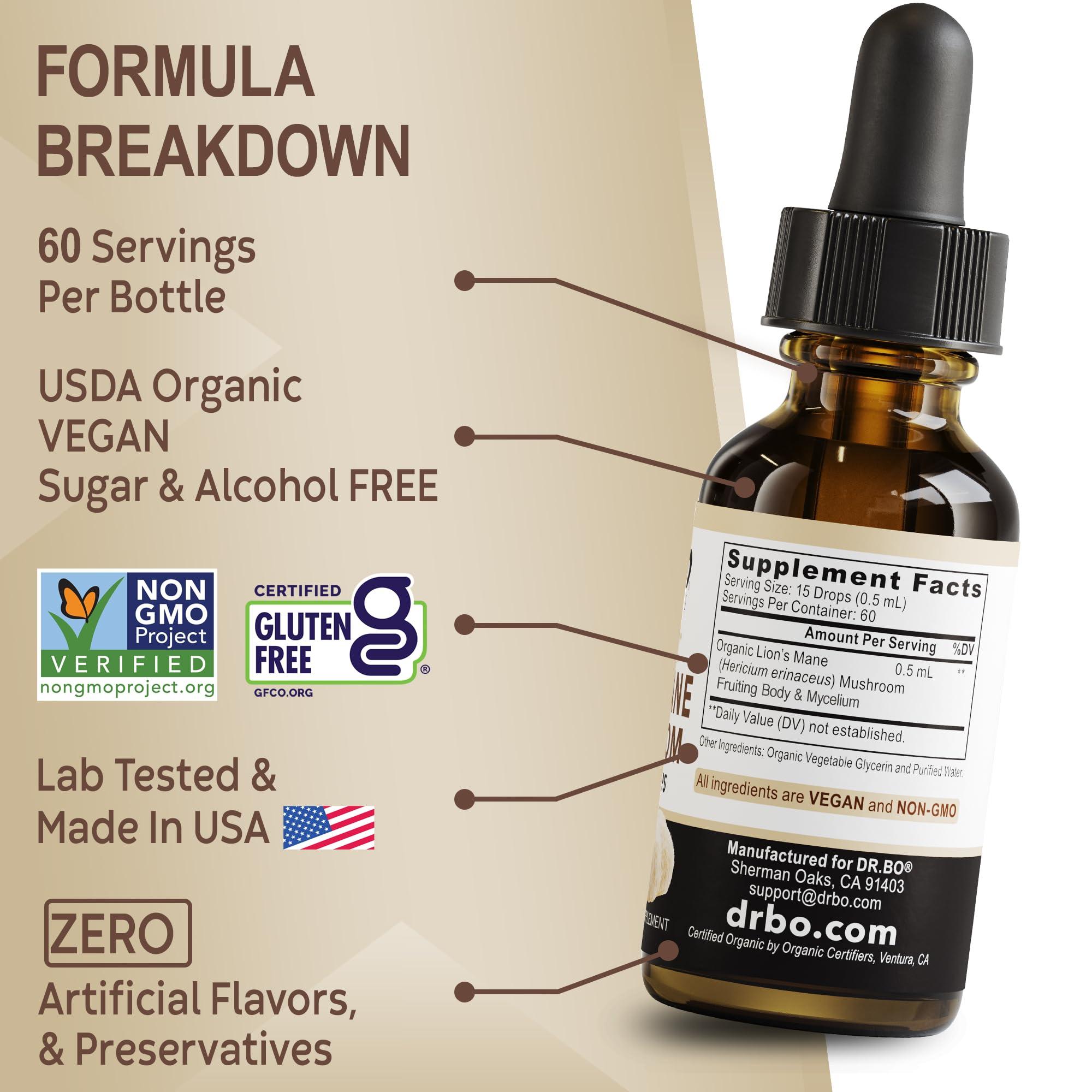 DR. BO Lions Mane Mushroom Supplement Drops - Organic Lion\'s Mane Mushroom Liquid Tincture for Focus, Fog Brain Health Supplements - Vegan Herbal Nervine Nootropic Organic Lions Liquid Supplement Extract 1oz