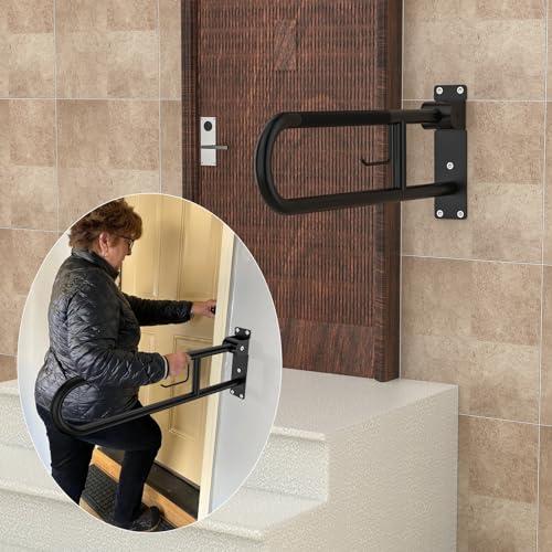 YuanDe Toilet Grab Bar 30.3 Inch, YuanDe Flip Up Grab Bar with Paper Holder,Matte Black Anti-Slip Safety Bars for Toilet, Stainless Steel Knurled Toilet Handles for Seniors Disabled Elderly Pregnant