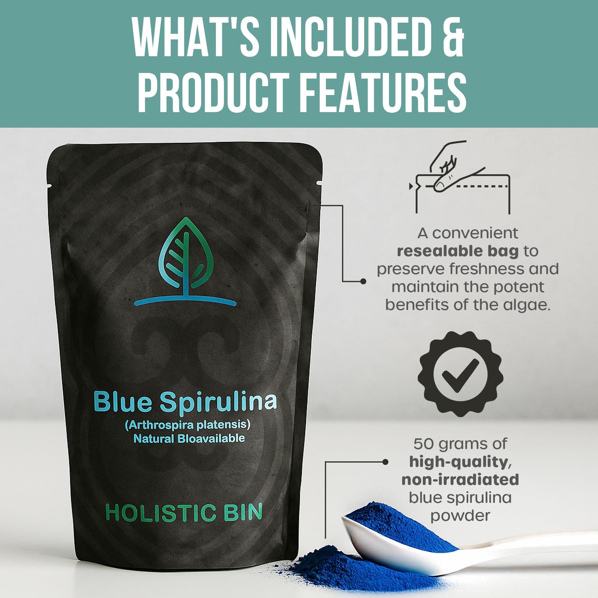Holistic Bin HOLISTIC BIN Blue Spirulina Powder - Organic Blue-Green Algae Supplement, Rich Source of Vegan Protein, Vitamins, & Phytonutrients, Ideal for Smoothies, Baked Goods, & Natural Food Coloring - 50 Grams
