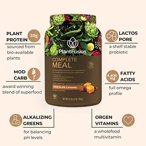PlantFusion PlantFusion Complete Meal Replacement Shake - Plant Based Protein Powder with Superfoods, Greens & Probiotics - Vegan, Gluten Free, Soy Free, Non-Dairy, No Sugar, Non-GMO - Chocolate Caramel 1 lb