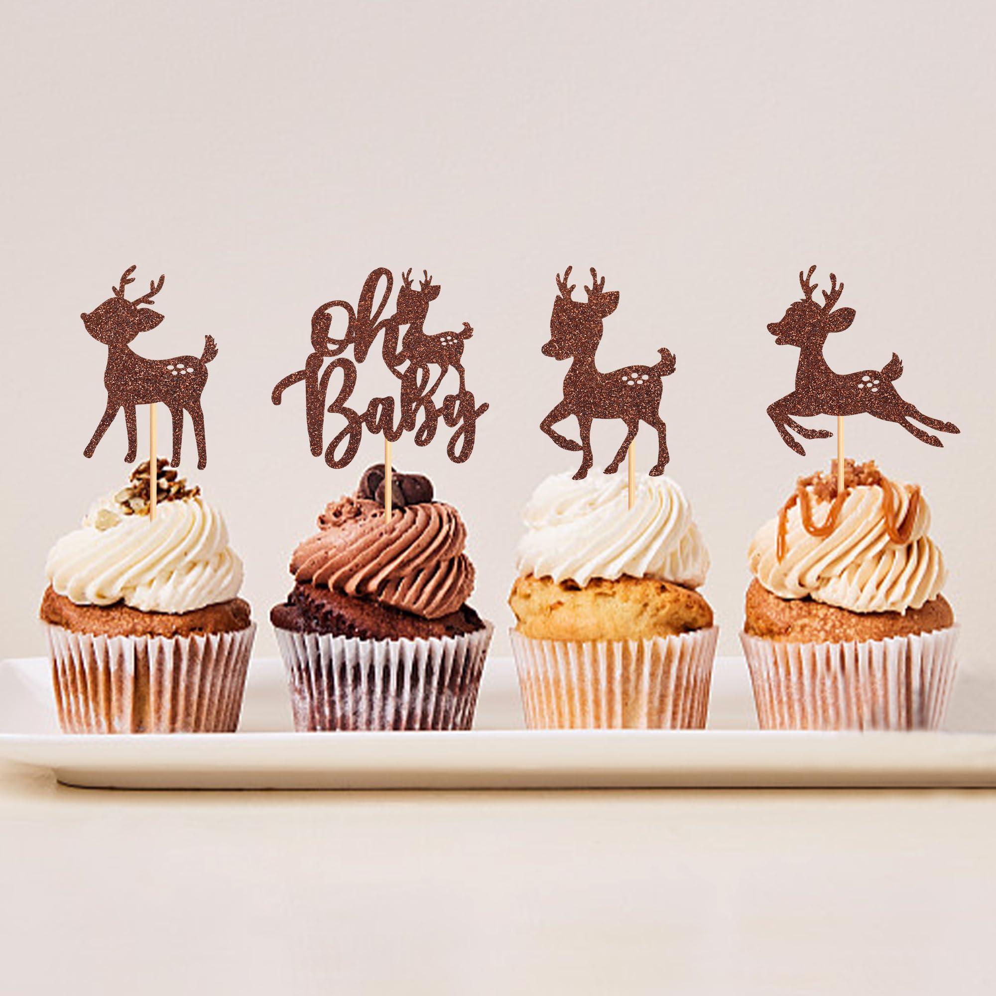Ercadio Ercadio 36 Pack Deer Cupcake Toppers Brown Glitter Deer Oh Baby Cupcake Toppers Deer Cupcake Picks for Christmas Theme Deer Birthday Baby Shower Cake Decoration Supplies