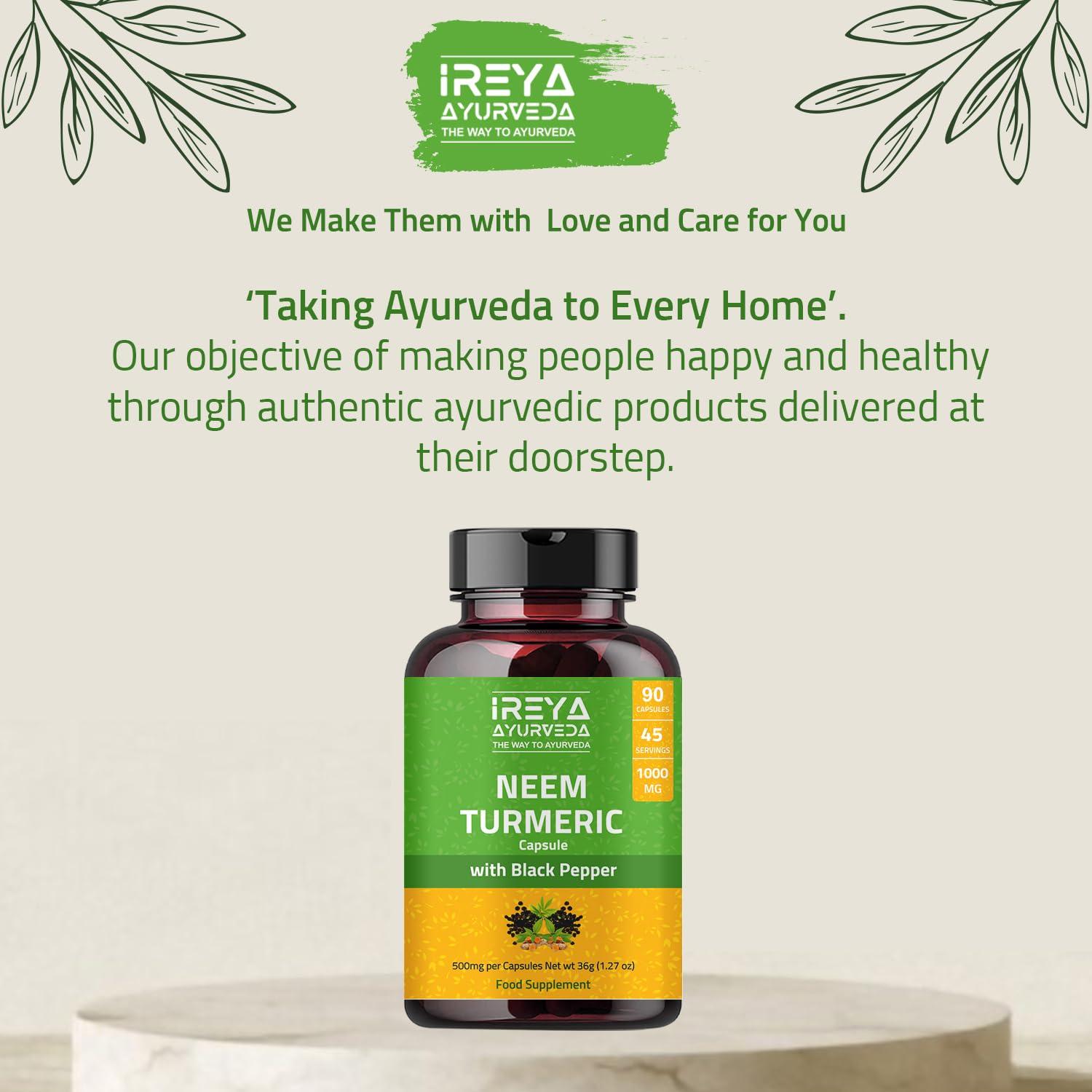 Ireya Ayurveda Neem Turmeric Capsules | 90 Capsules 1000mg | Neem Capsules Made Black Pepper Neem, Turmeric, & Black Pepper | (90 Capsules)