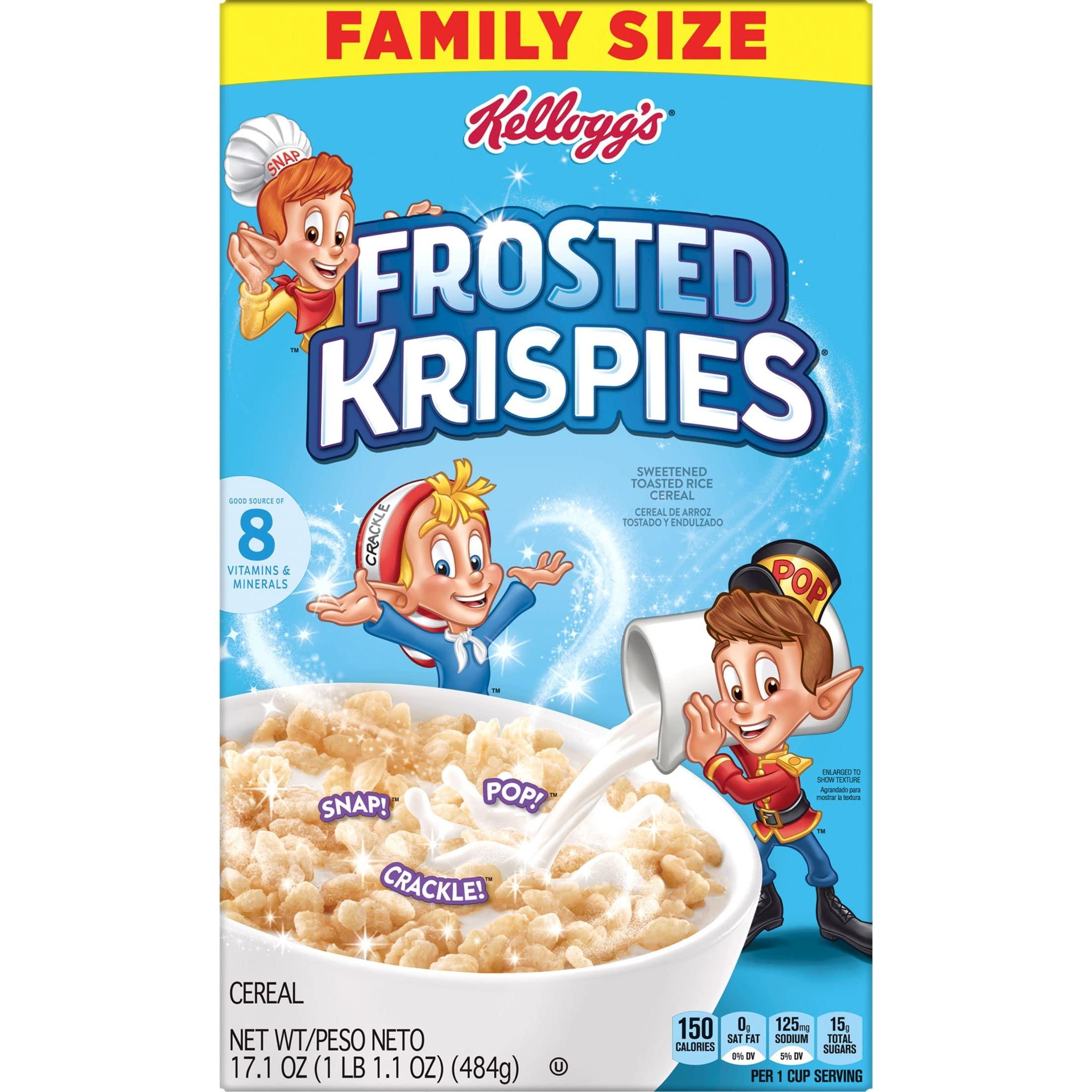 Rice Krispies Frosted Krispies Cold Breakfast Cereal, Kids Snacks, Baking Marshmallow Treats, Family Size, Original, 17.1oz Box (1 Box)