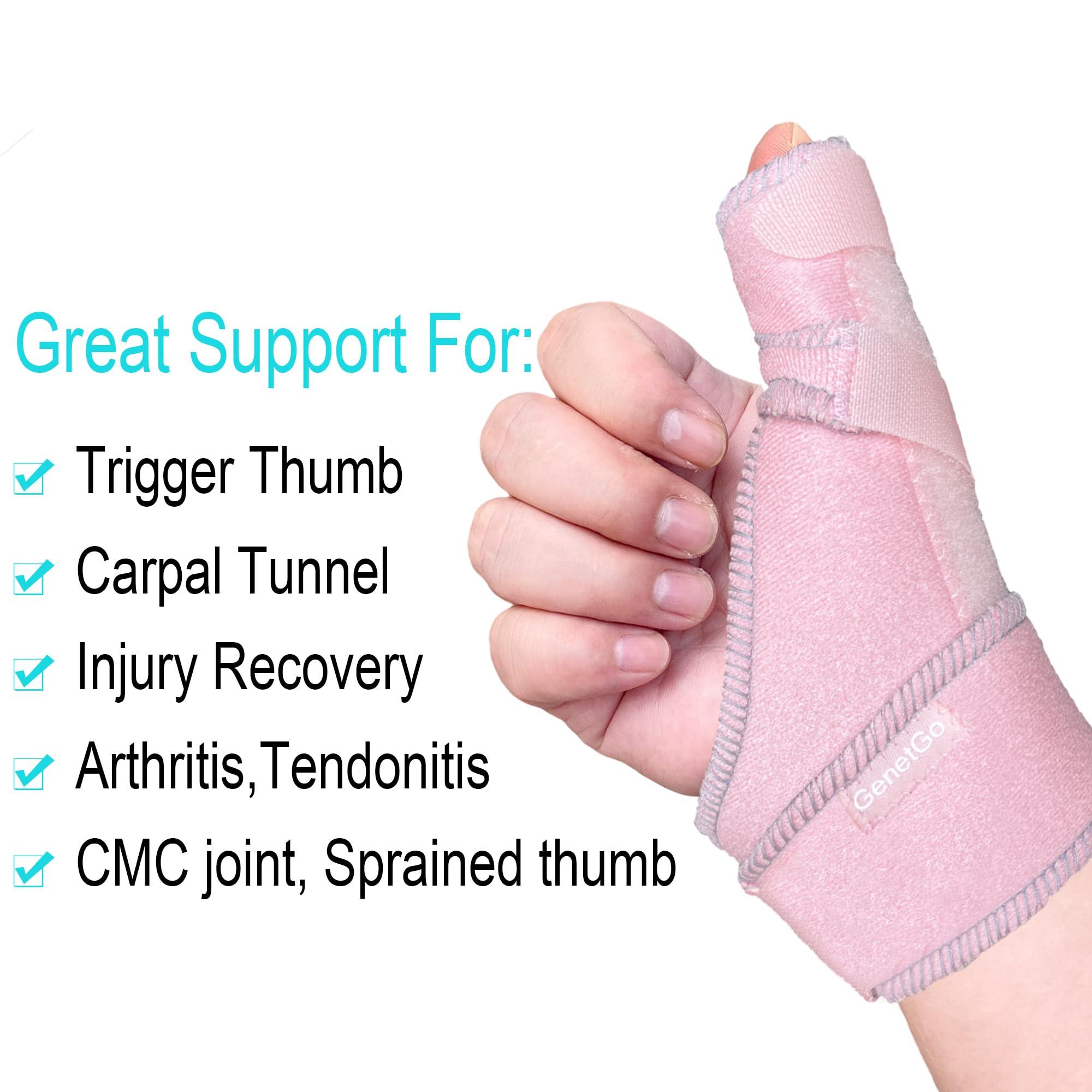 GenetGo Trigger Thumb Splint - Thumb Spica Support Brace Stabilizer for Pain, Sprains, Arthritis, Tendonitis (Right Hand or Left Hand) (Pink)