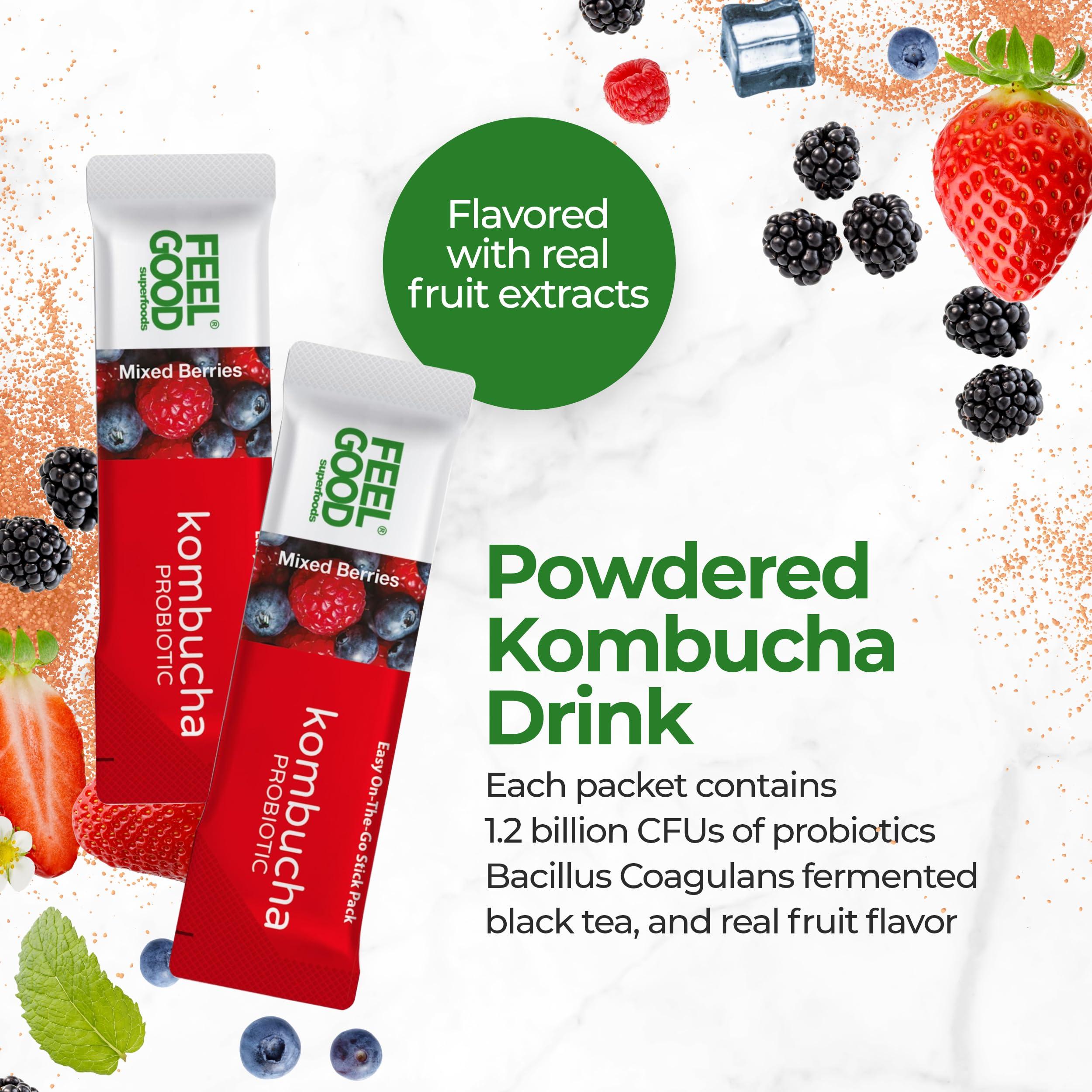 FeelGood Superfoods FeelGood Superfoods Kombucha Iced Tea Packets, Delicious Mixed Berries Flavored Refreshing Instant Kombucha Powder Fizzy Drink, Probiotic Supplement for Gut Health, 14 pack