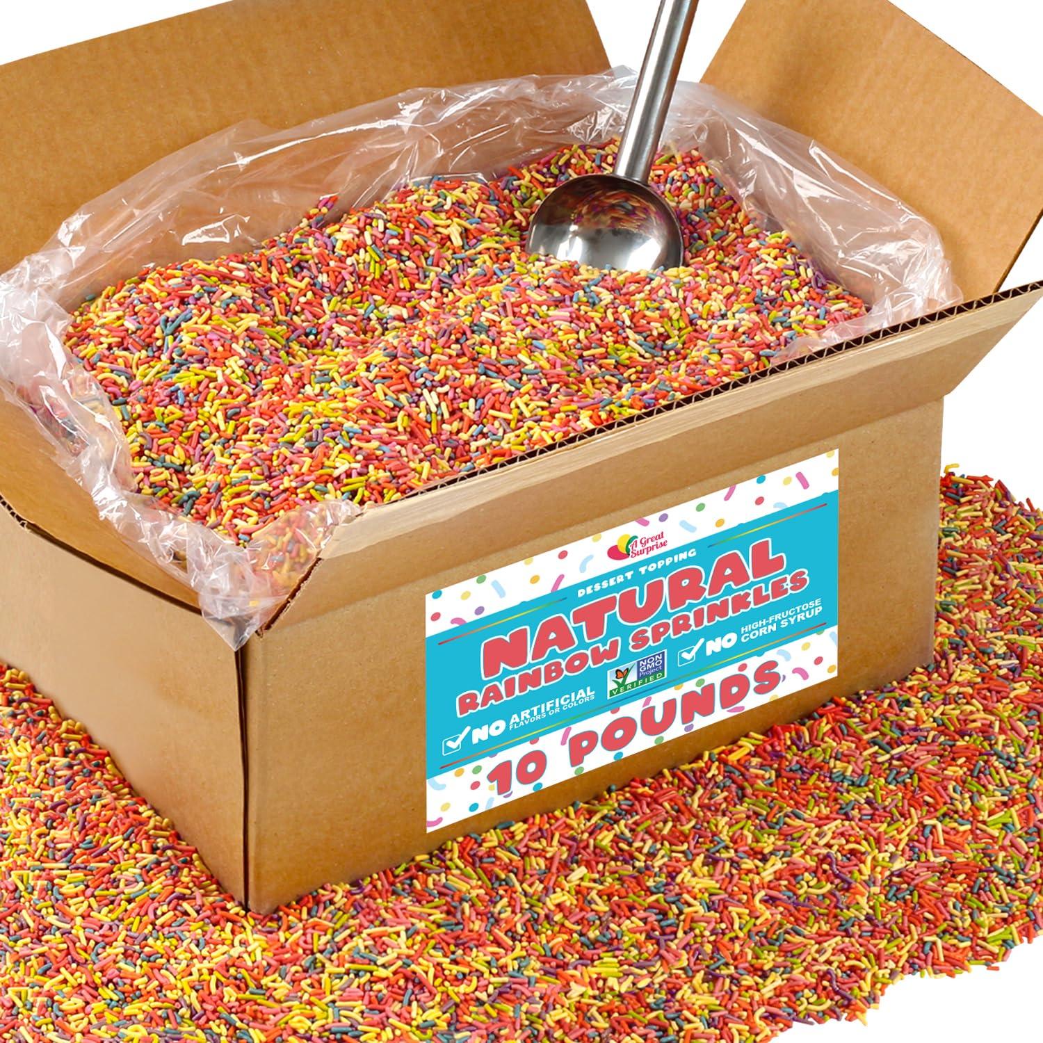 A Great Surprise BULK Natural Rainbow Sprinkles - 18 LB Wholesale Sprinkles - NON GMO, Dye-Free Jimmies - Bulk Sprinkles No Artificial Dye for Cake Decorating - Great for Bakeries, Ice Cream Shops, Catering Large Parties