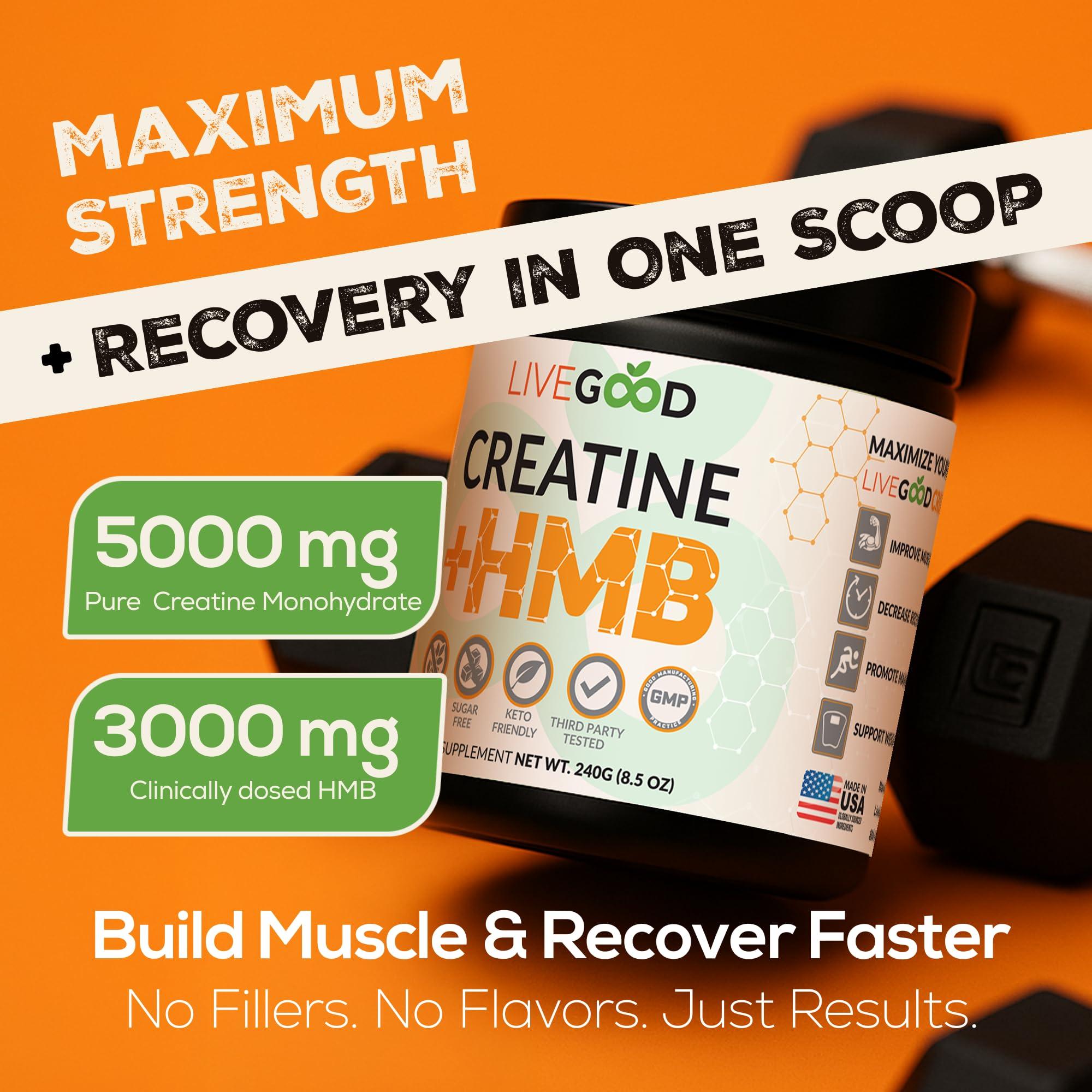 LIVEGOOD LIVEGOOD Creatine Plus HMB Supplement, 3g HMB for Muscle Strength & Recovery, 8.5oz.
