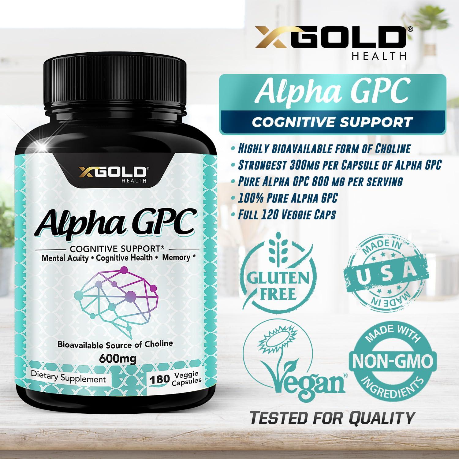 X Gold Health Alpha GPC Choline Supplement 600mg, 99%+ Highly Purified, Highly Bioavailable Source of Choline,180 Veggie Capsules, Cognitive Enhancer Nootropic, Supports Memory & Brain Function, Boosts Focus & Mood