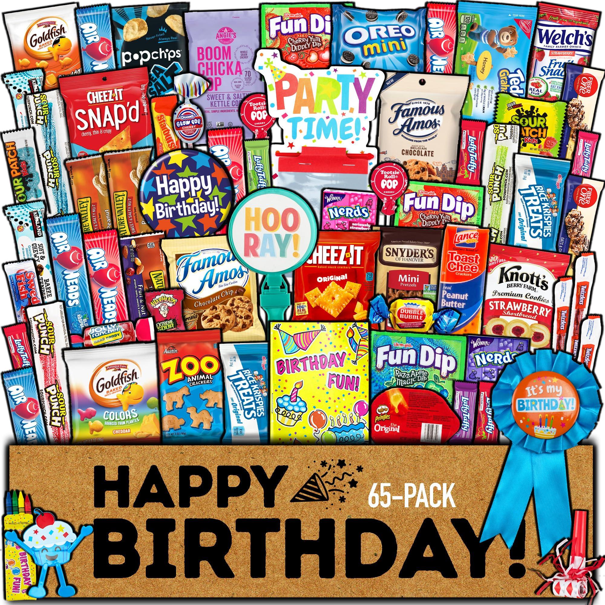 CRAVEBOX Birthday Care Package (65 Count) Snacks Cookies Chocolate Bar Chips Candy Party Variety Gift Box Pack Assortment Basket Bundle Mix Treat College Students Kids Teens